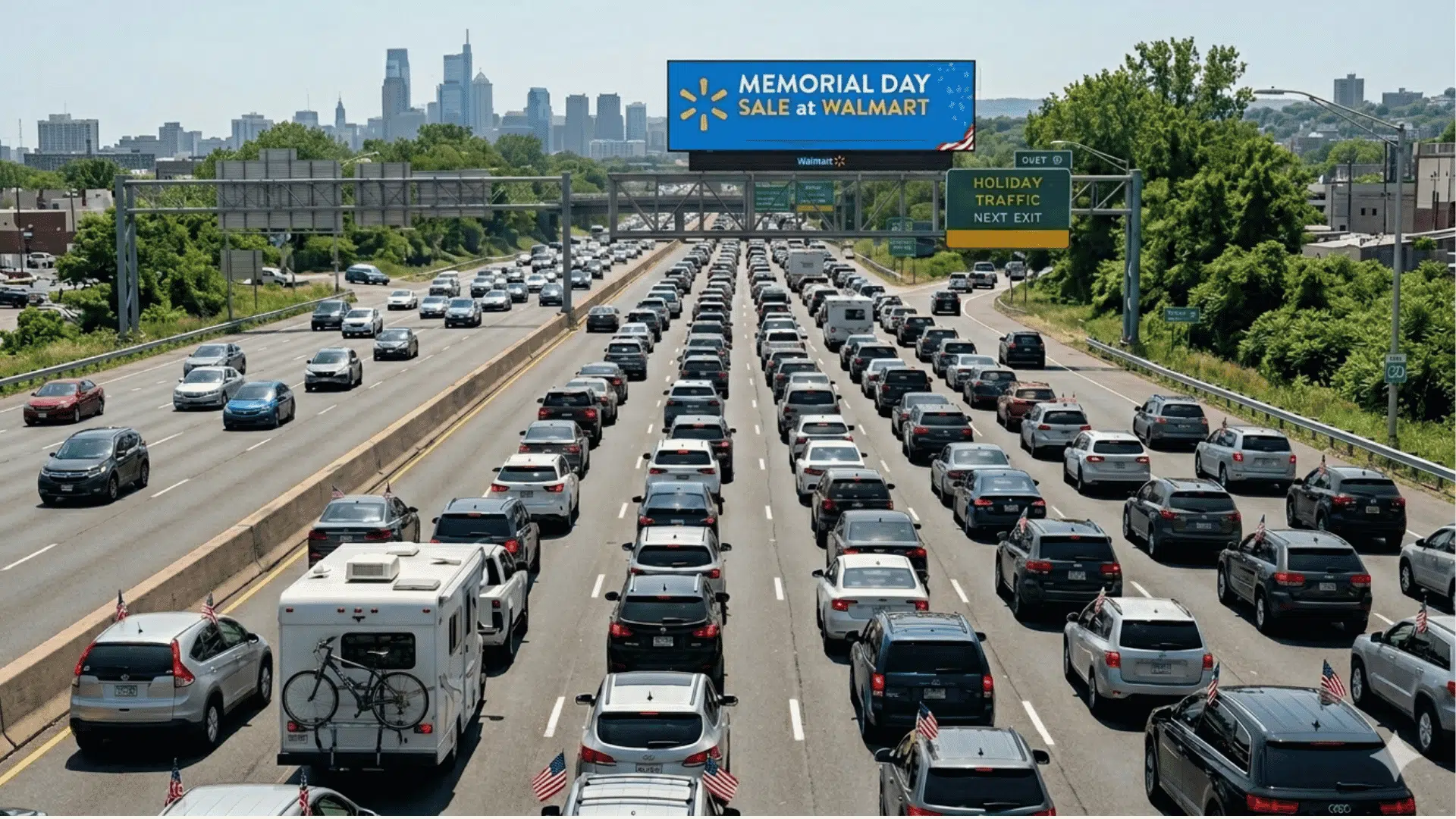 Busy Memorial Day highway traffic with a Walmart sale billboard, skyline view, and a single bike on a camper's rack.