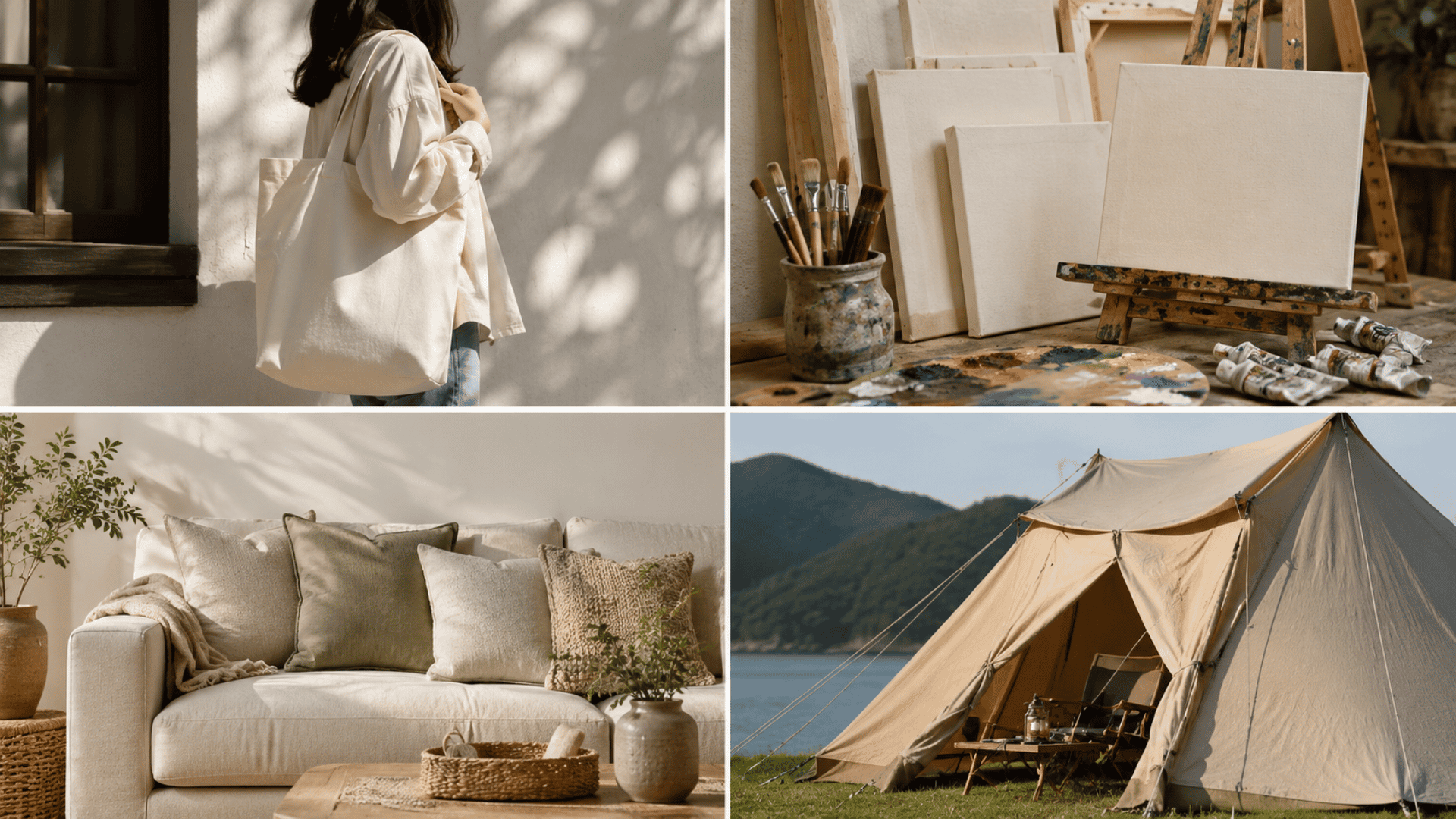 Canvas material collage showing tote bag, artist canvas, home decor sofa, and outdoor tent in warm natural lifestyle scenes.