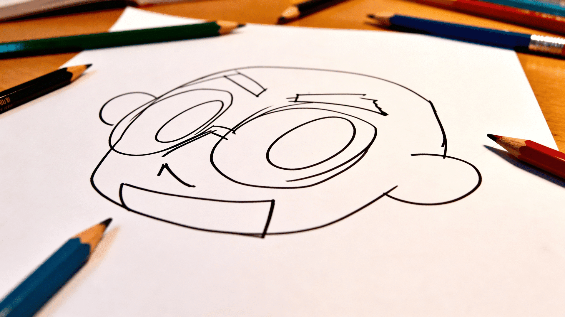 Chaotic and funny blind drawing sketches scattered across paper with pencils nearby.