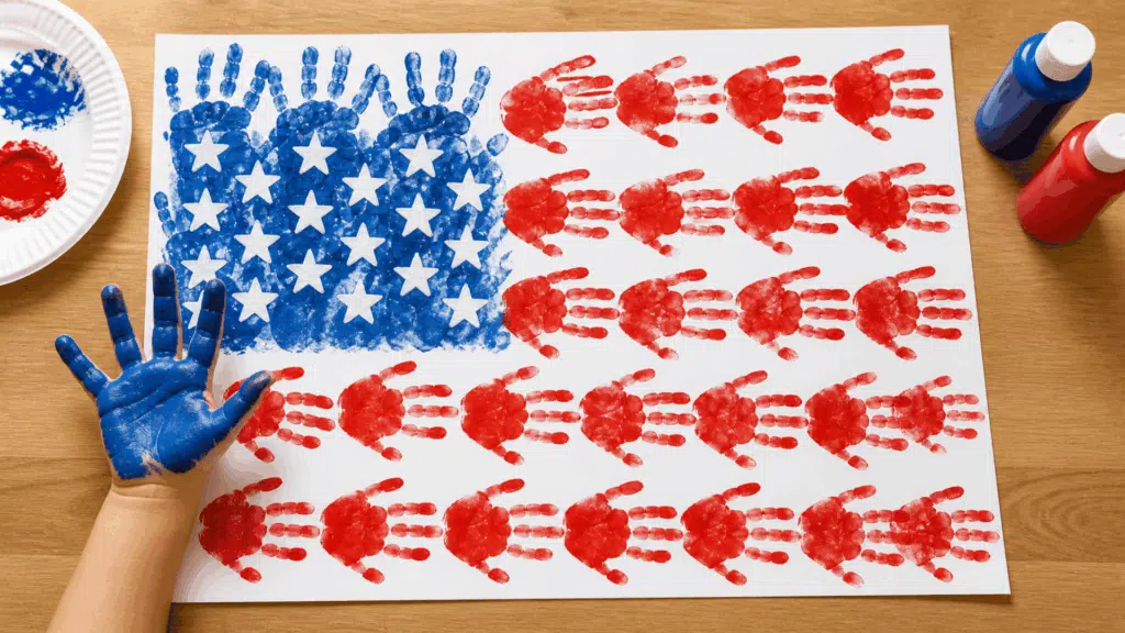 Child creating USA flag art with painted handprints in red and blue on paper, surrounded by paint bottles and craft supplies on table