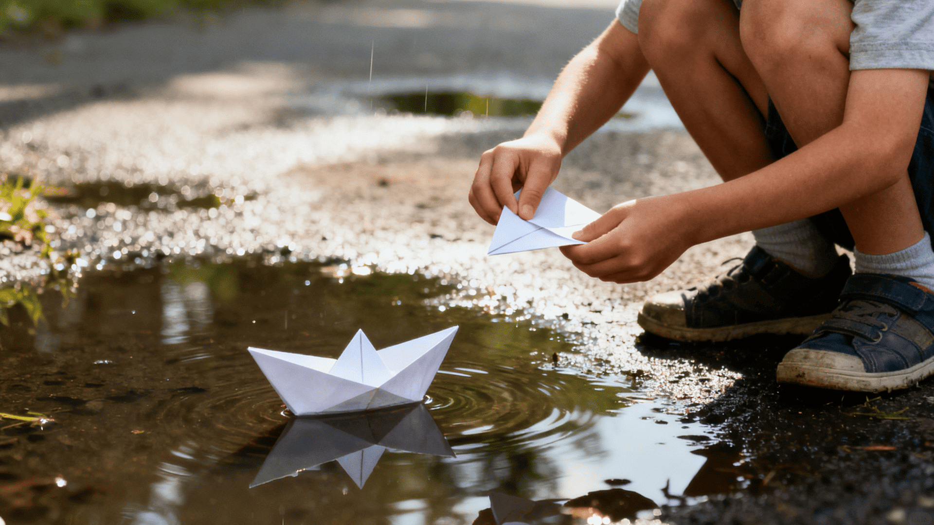 Child folds a paper boat beside a rain puddle outdoors while another origami boat floats on the water after rainfall.