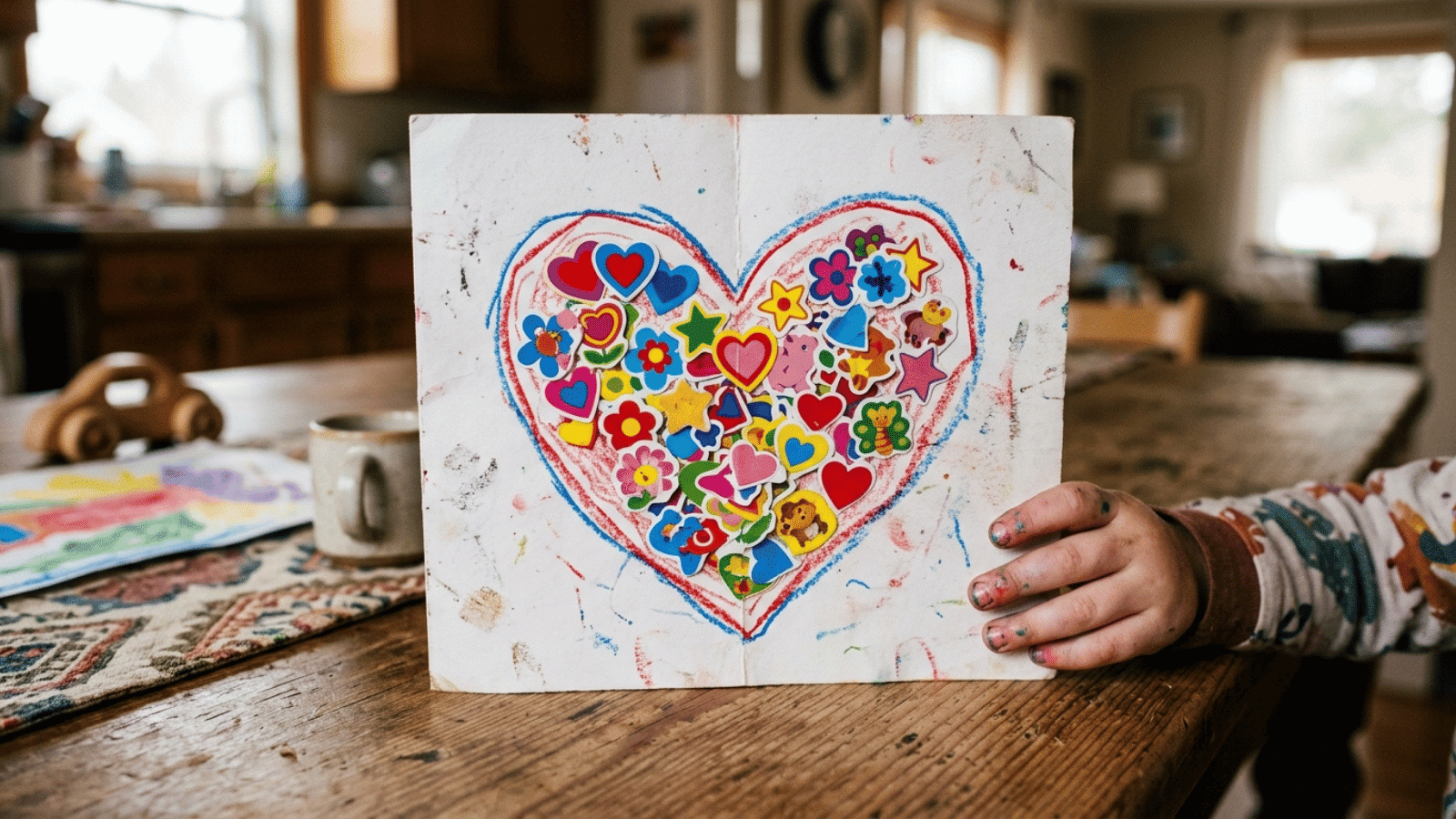 child holding handmade heart card filled with colorful stickers and drawings, showing a creative and heartfelt DIY craft project