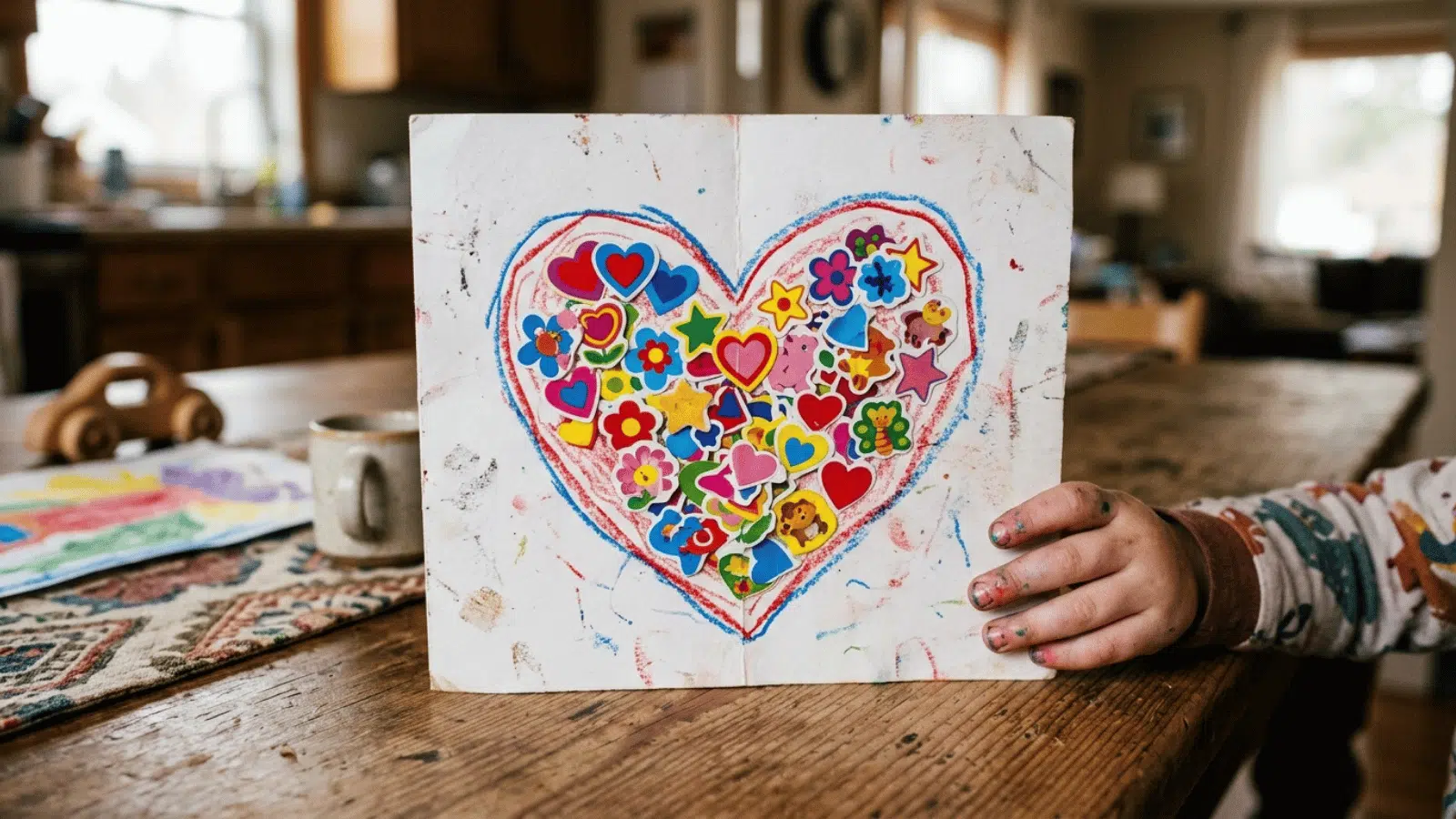 child holding handmade heart card filled with colorful stickers and drawings, showing a creative and heartfelt DIY craft project