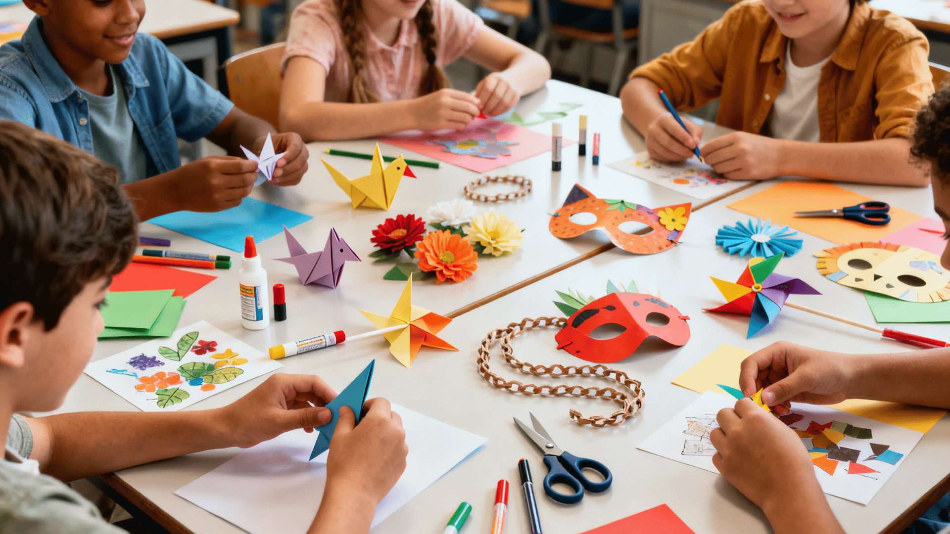 Children create colorful paper crafts and origami at a classroom table filled with scissors, masks, flowers, and art supplies.