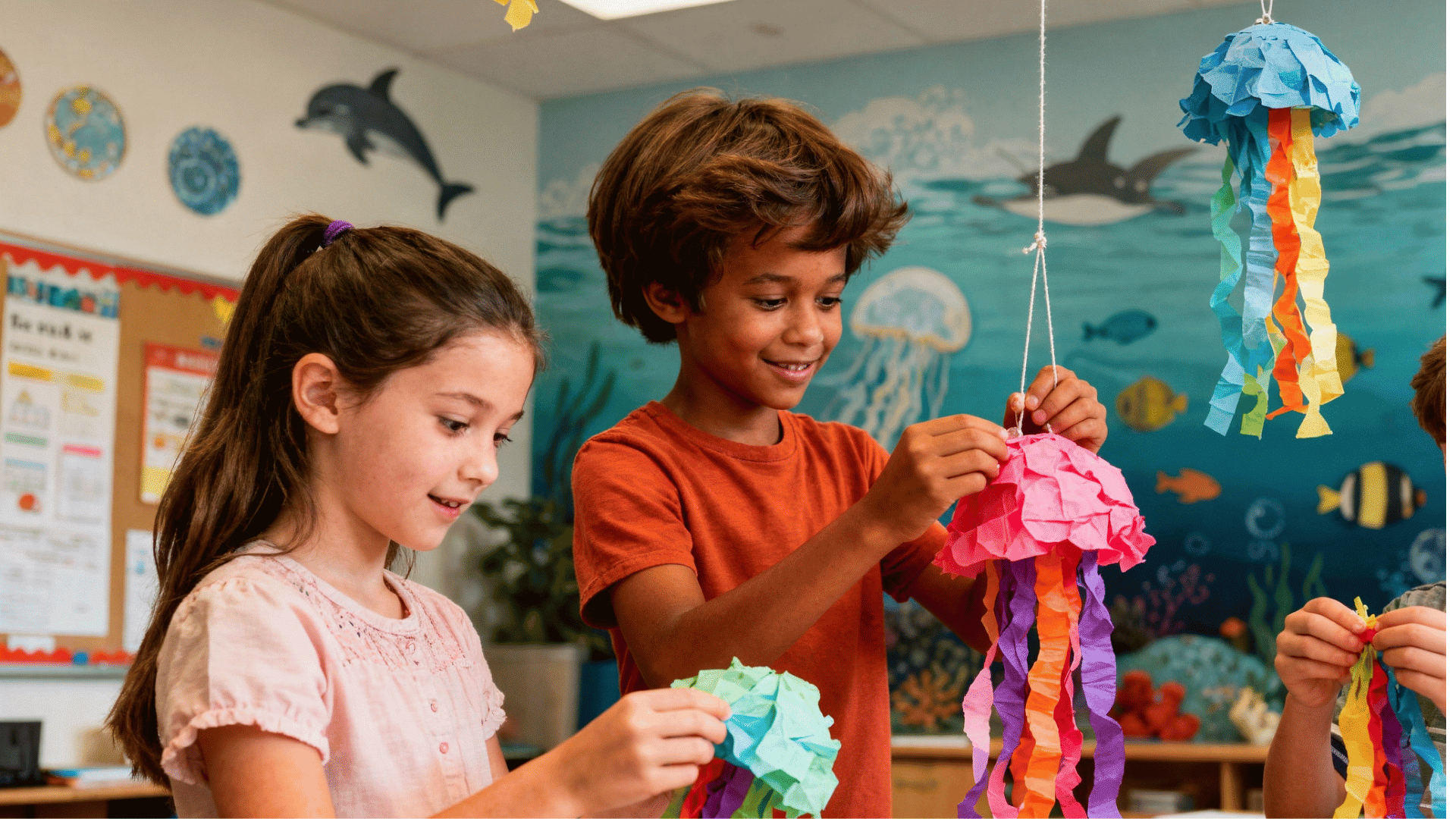 Children make colorful jellyfish crafts in a sea-themed classroom with ocean murals and hanging decorations.