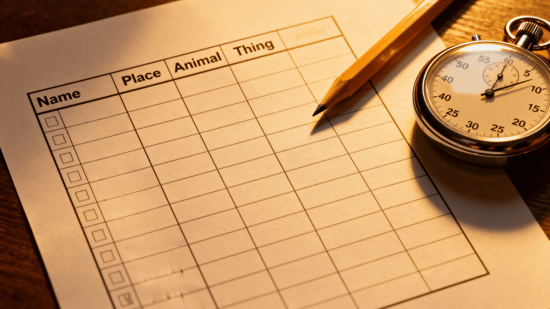 Classic paper game sheet with columns for name, place, animal, and thing filled with handwritten answers.