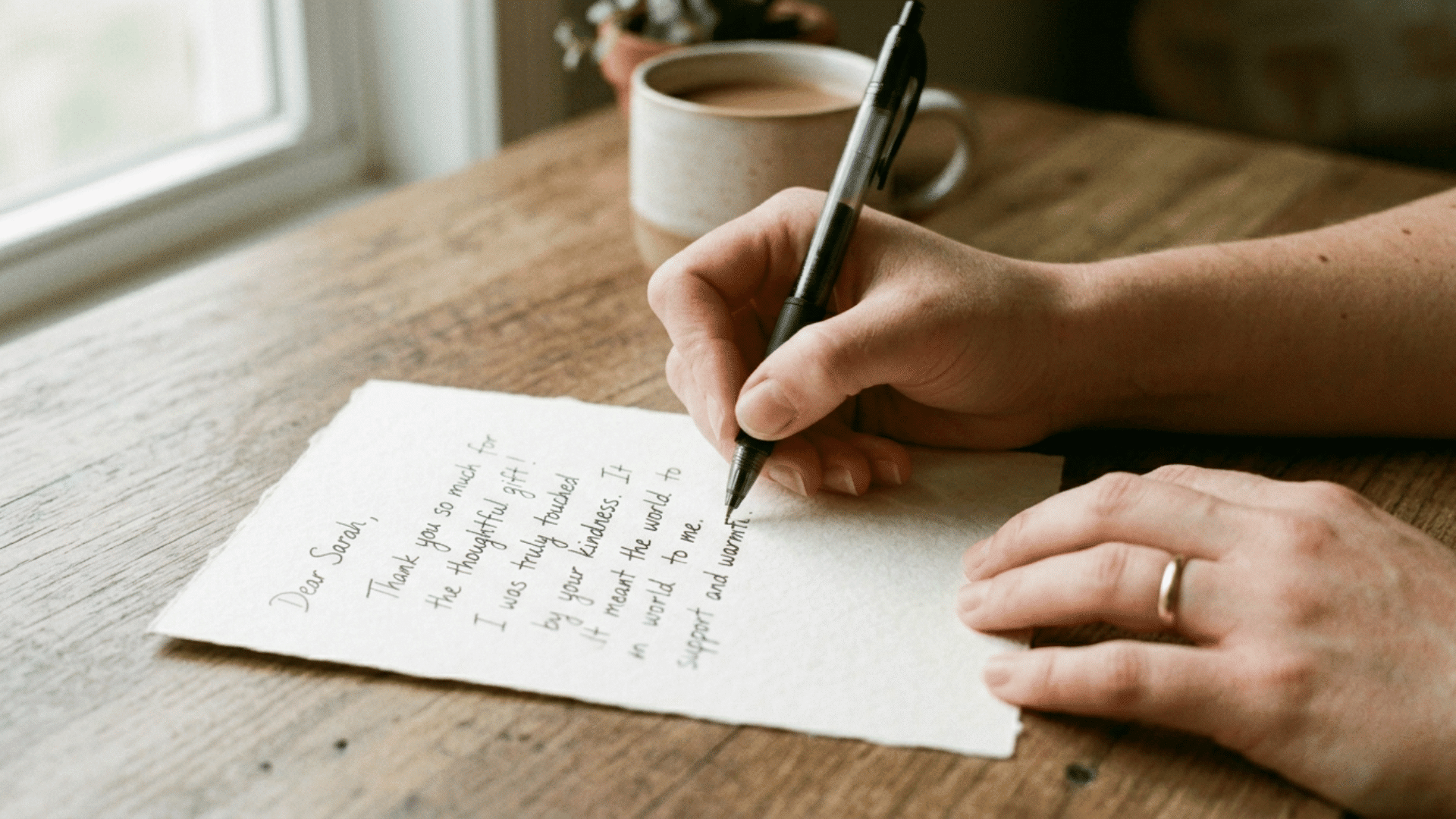 close-up of hands writing a heartfelt thank-you note, a simple act to show respect on Memorial Day