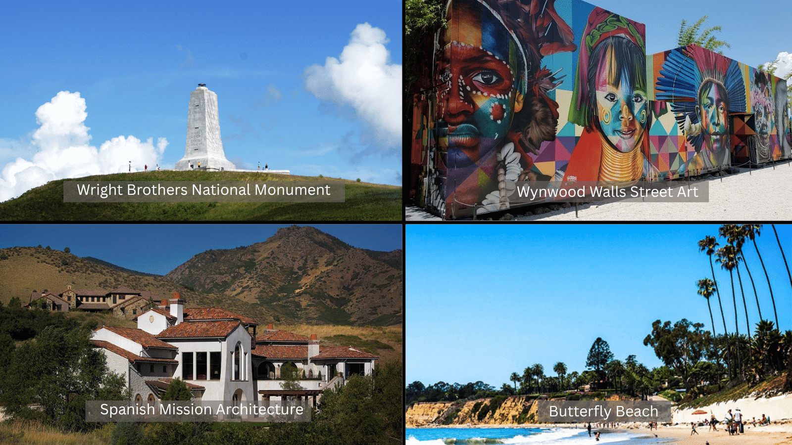 collage of diverse destinations featuring Wright Brothers Monument, Wynwood Walls street art, Spanish mission architecture, and Butterfly Beach