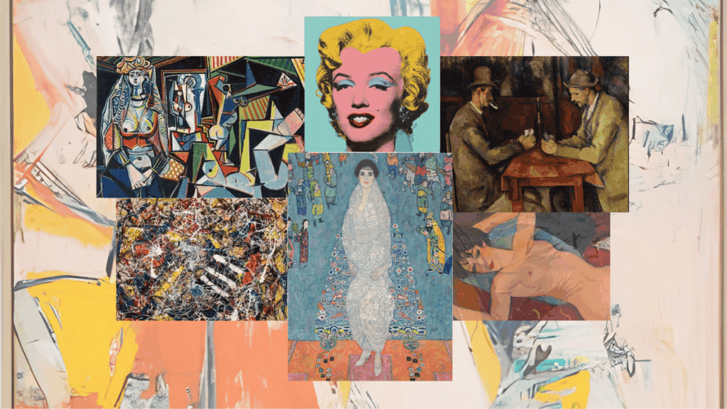 collage of famous colorful paintings and portraits layered over a soft abstract artistic background