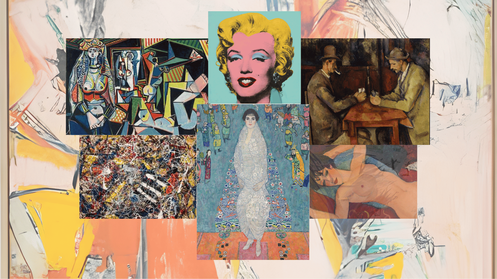 collage of famous colorful paintings and portraits layered over a soft abstract artistic background
