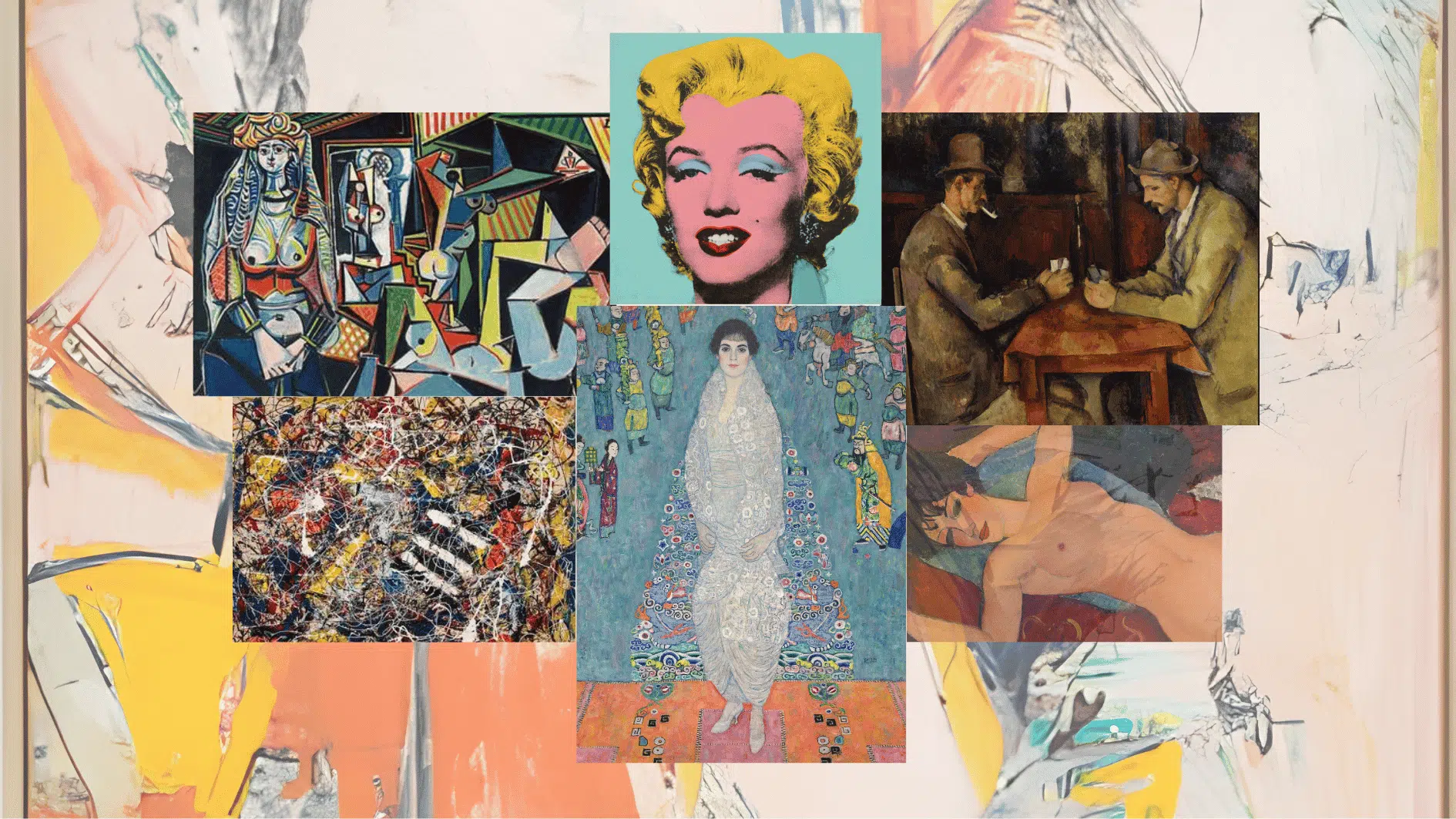 collage of famous colorful paintings and portraits layered over a soft abstract artistic background