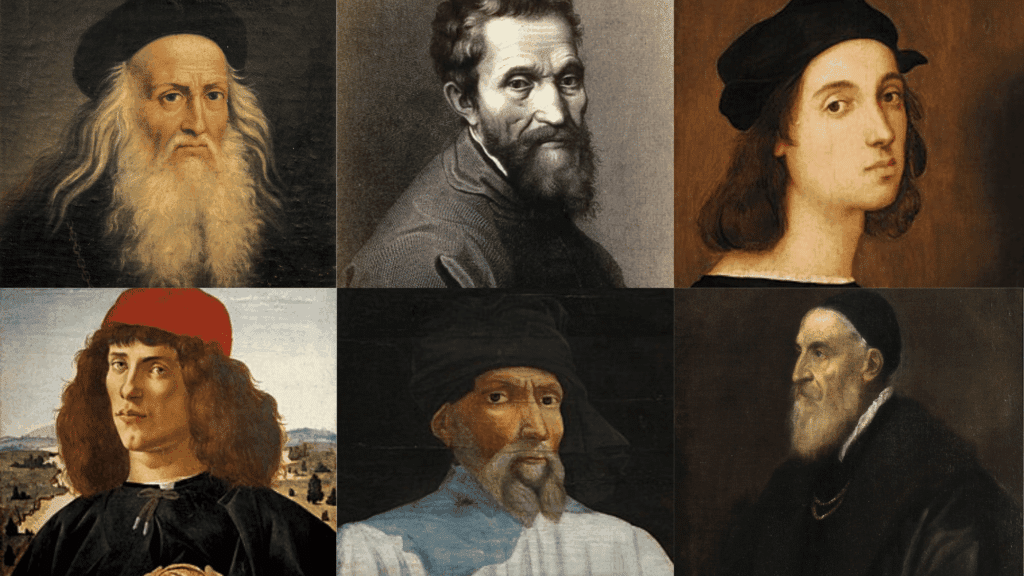 collage of famous renaissance artists including leonardo da vinci michelangelo and raphael portraits