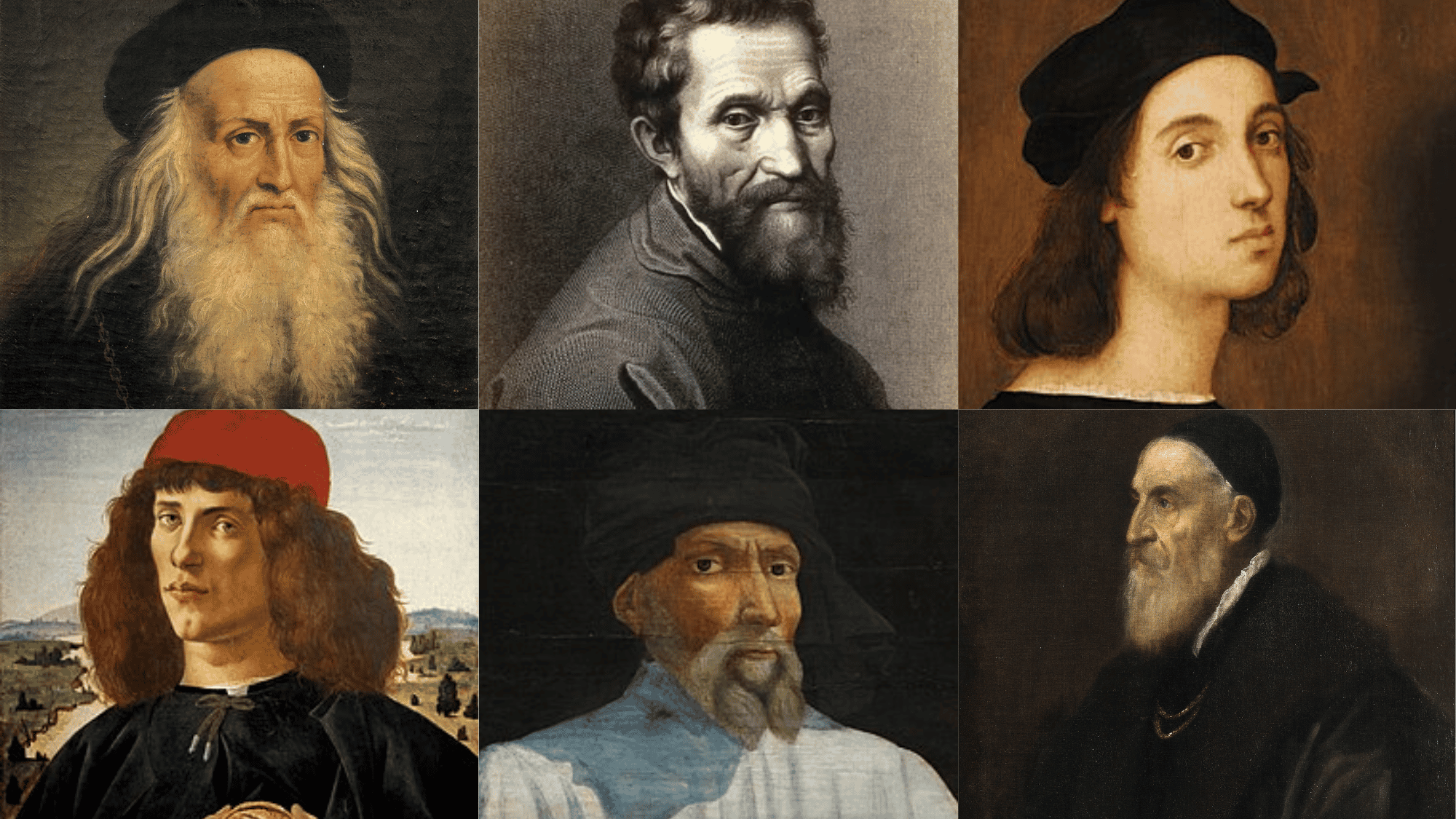 collage of famous renaissance artists including leonardo da vinci michelangelo and raphael portraits