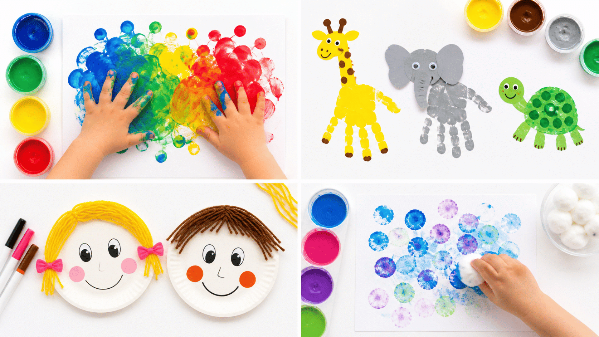Collage of four preschool art activities finger painting, handprint animals, paper plate faces, cotton ball painting on white