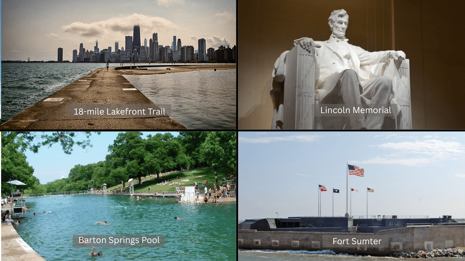 collage of iconic U.S. landmarks including Chicago lakefront skyline, Lincoln Memorial statue, Barton Springs Pool, and Fort Sumter coastal fort