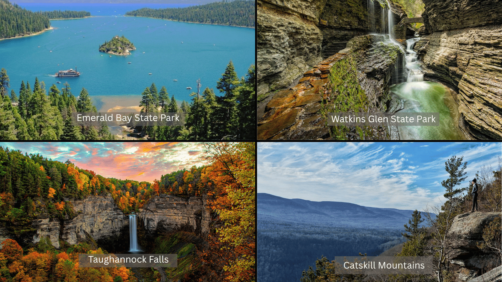 collage of natural U.S. wonders featuring Emerald Bay, Watkins Glen waterfalls, Taughannock Falls, and Catskill Mountains views