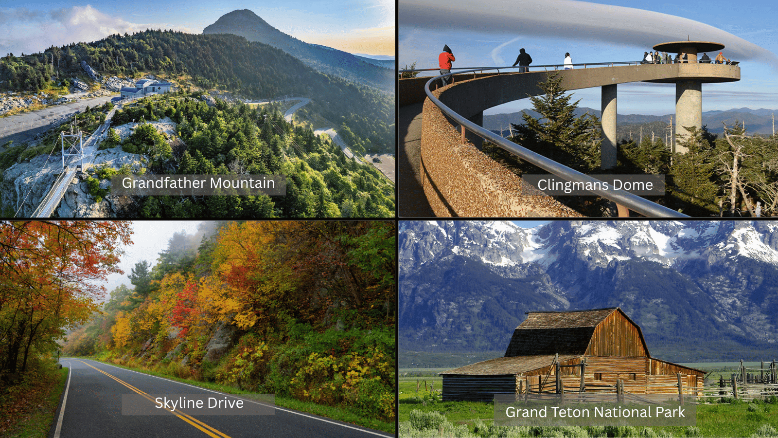 collage of scenic U.S. landscapes including Grandfather Mountain, Clingmans Dome, Skyline Drive, and Grand Teton National Park