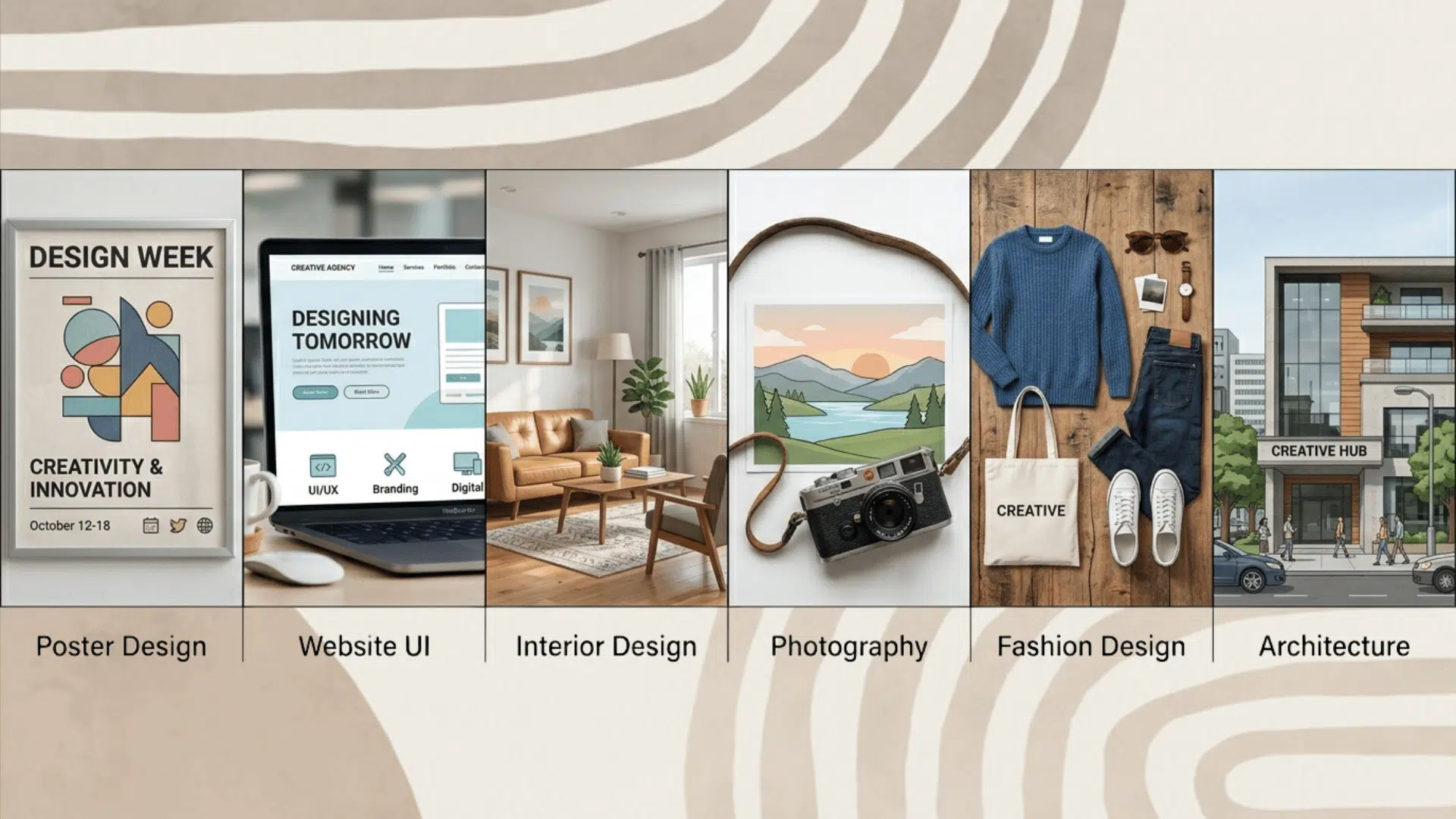 collage of six design fields side by side poster, website UI, interior, photography, fashion, and architecture