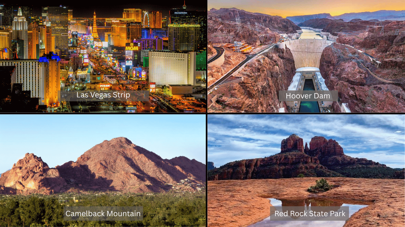 collage of Southwest U.S. attractions including Las Vegas Strip, Hoover Dam, Camelback Mountain, and Red Rock State Park