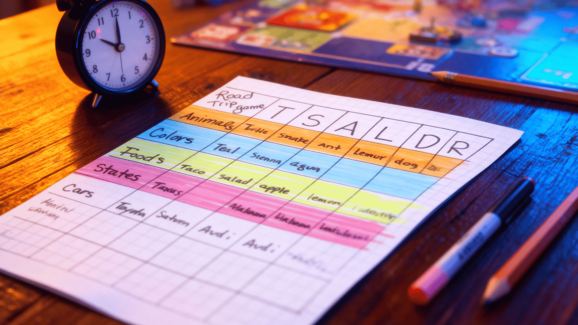 Colorful categories word game sheets with letter cards, pencils, and a timer placed on a wooden table.