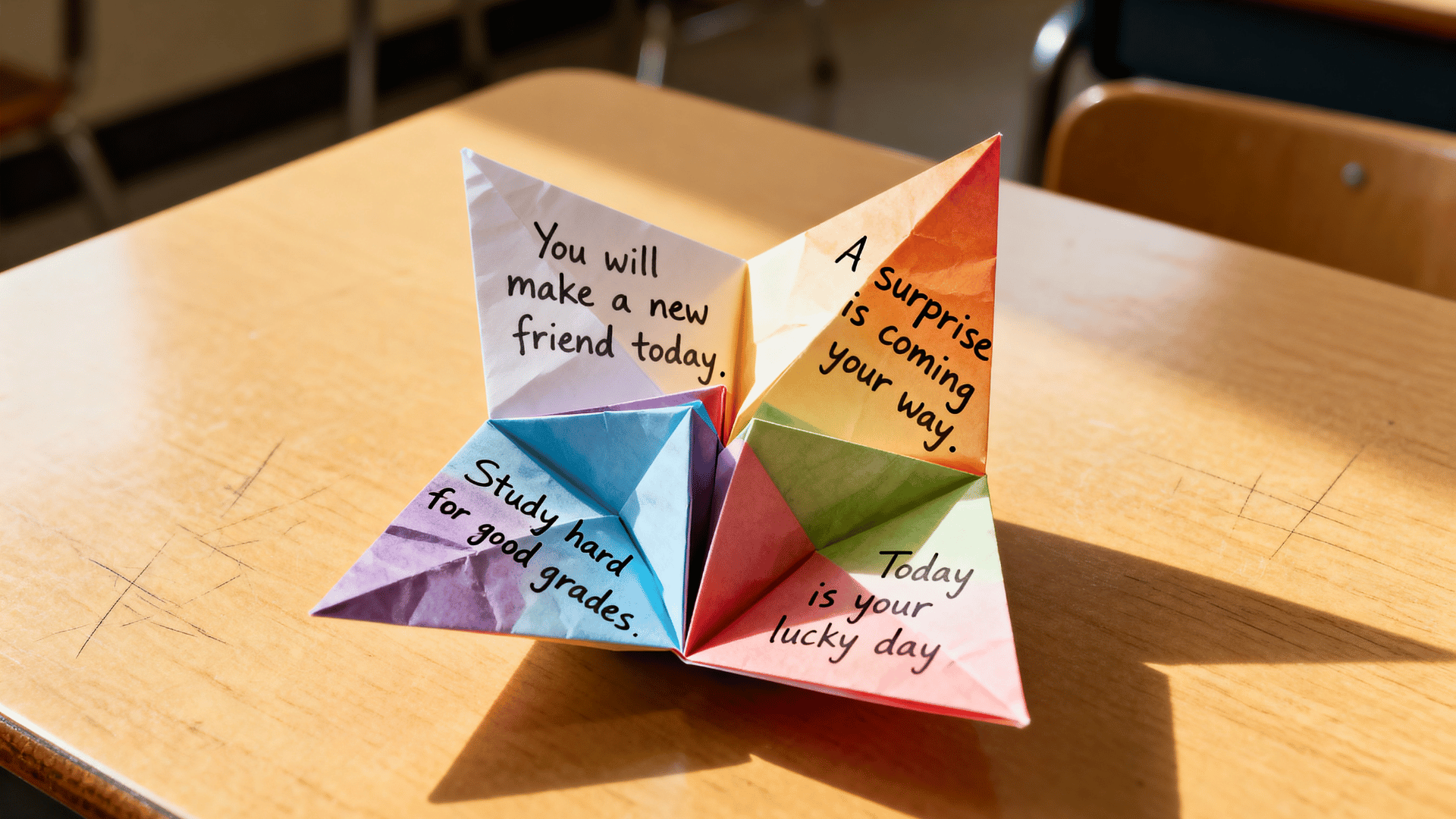 Colorful folded paper fortune teller with handwritten predictions on a clean desk.