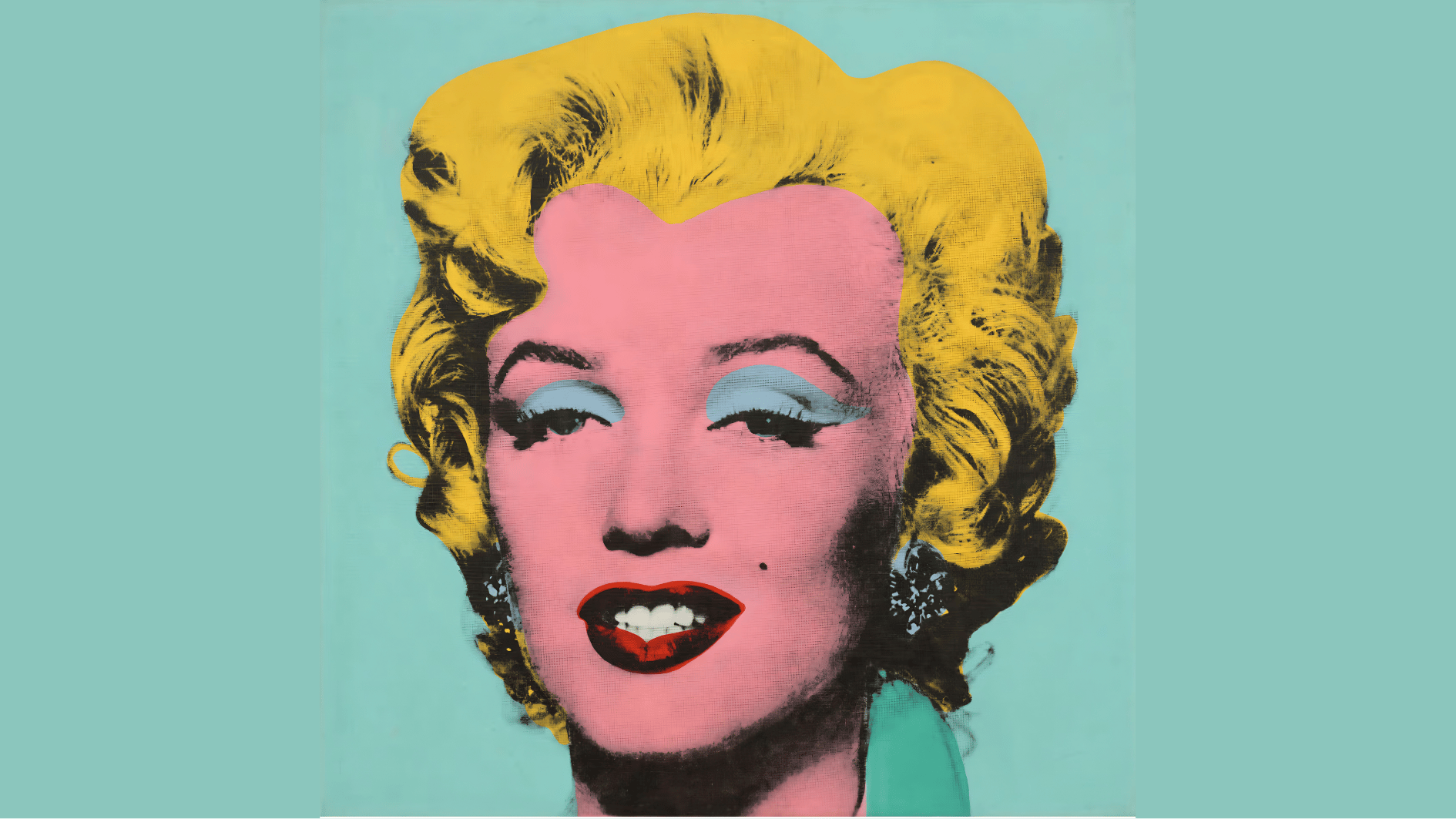 colorful pop art portrait of a blonde woman with pink skin and bright red lipstick.
