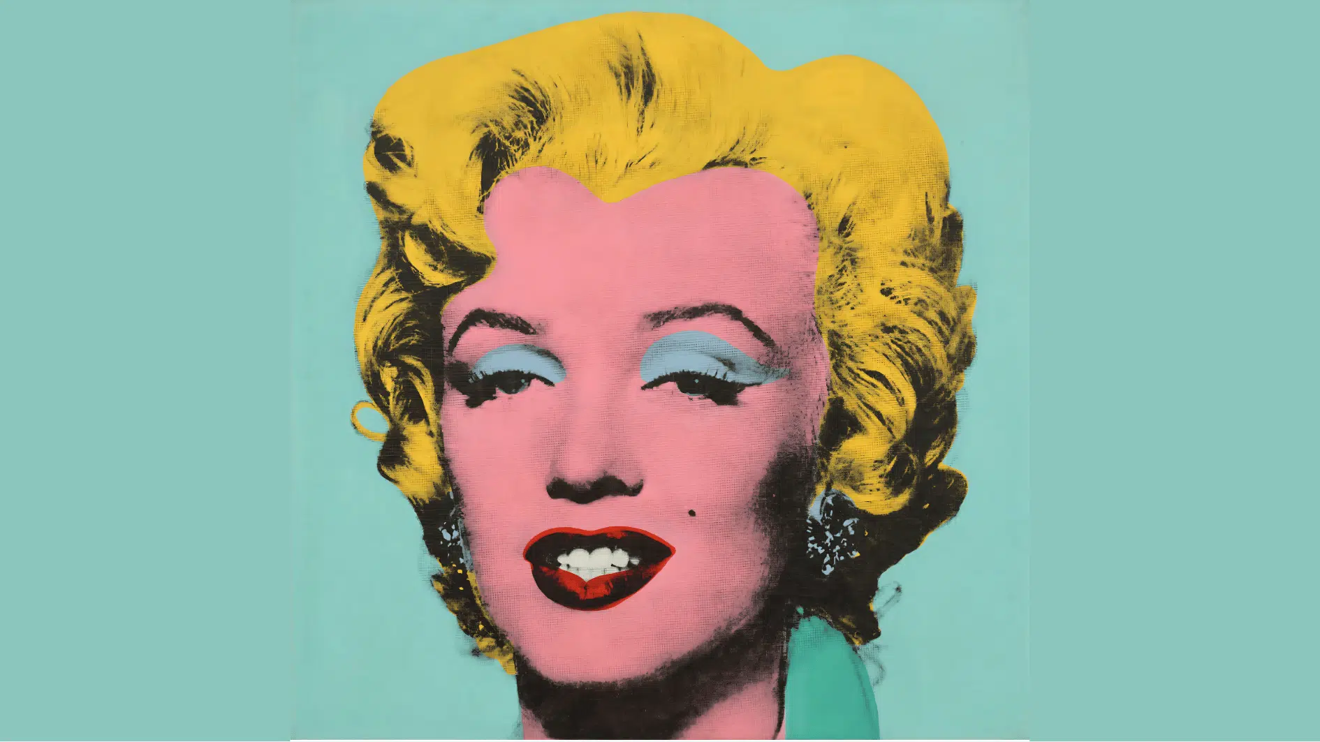 colorful pop art portrait of a blonde woman with pink skin and bright red lipstick.