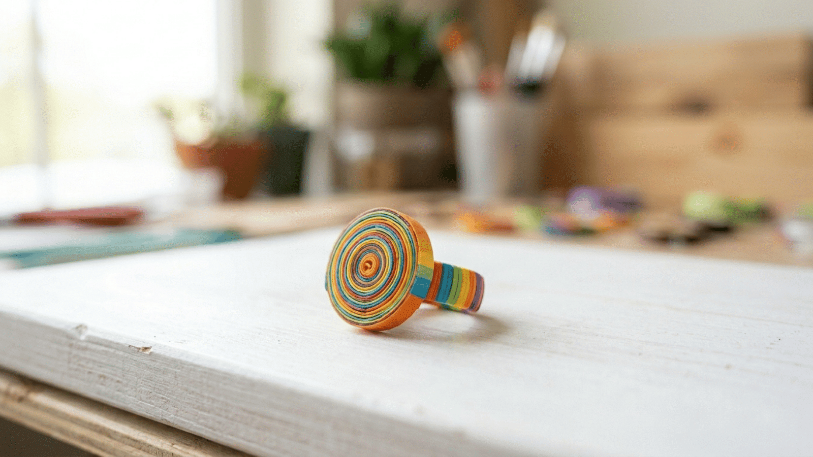 colorful rolled paper ring craft on tabletop, simple handmade jewelry idea using layered strips for creative kids activity