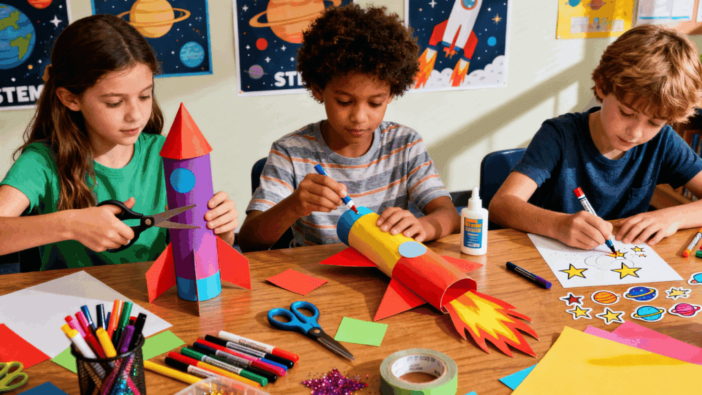 Create a fun and energetic scene of children crafting colorful paper rockets at a classroom or craft table. Show kids cutting paper, gluing fins, drawing flames, and decorating rockets with stars,