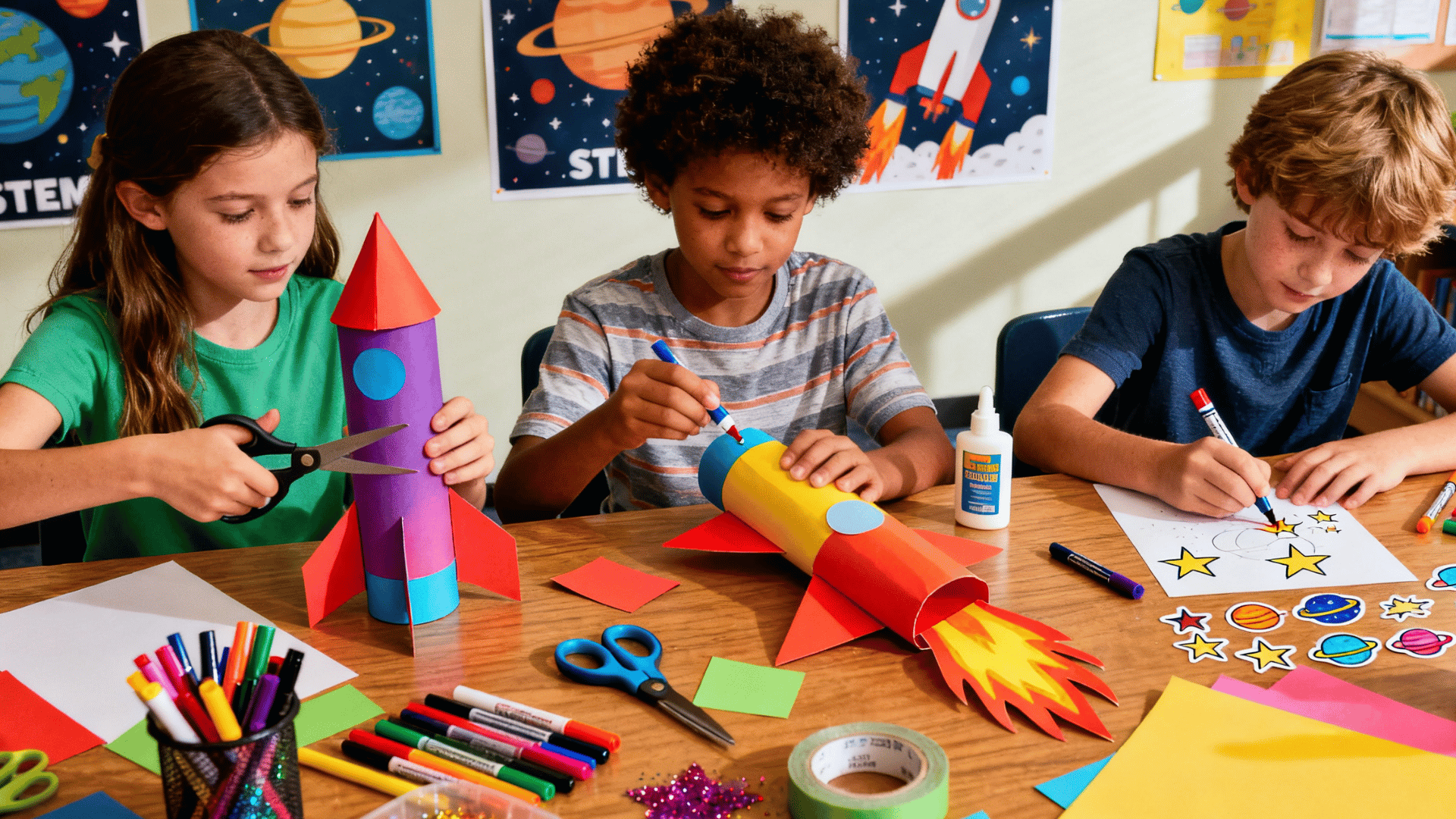 Create a fun and energetic scene of children crafting colorful paper rockets at a classroom or craft table. Show kids cutting paper, gluing fins, drawing flames, and decorating rockets with stars,