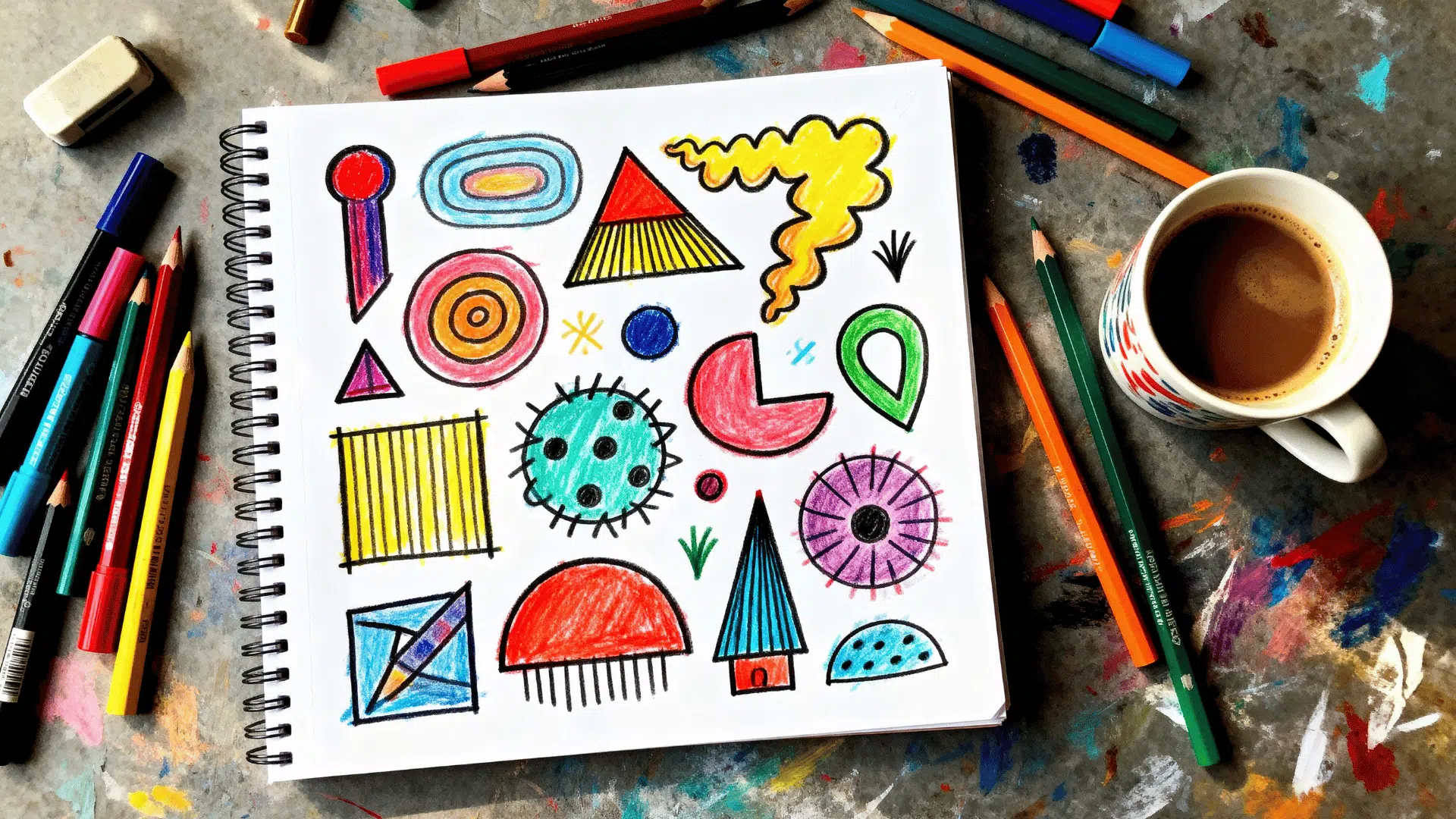 Creative doodle sketches turning random shapes and scribbles into imaginative drawings.
