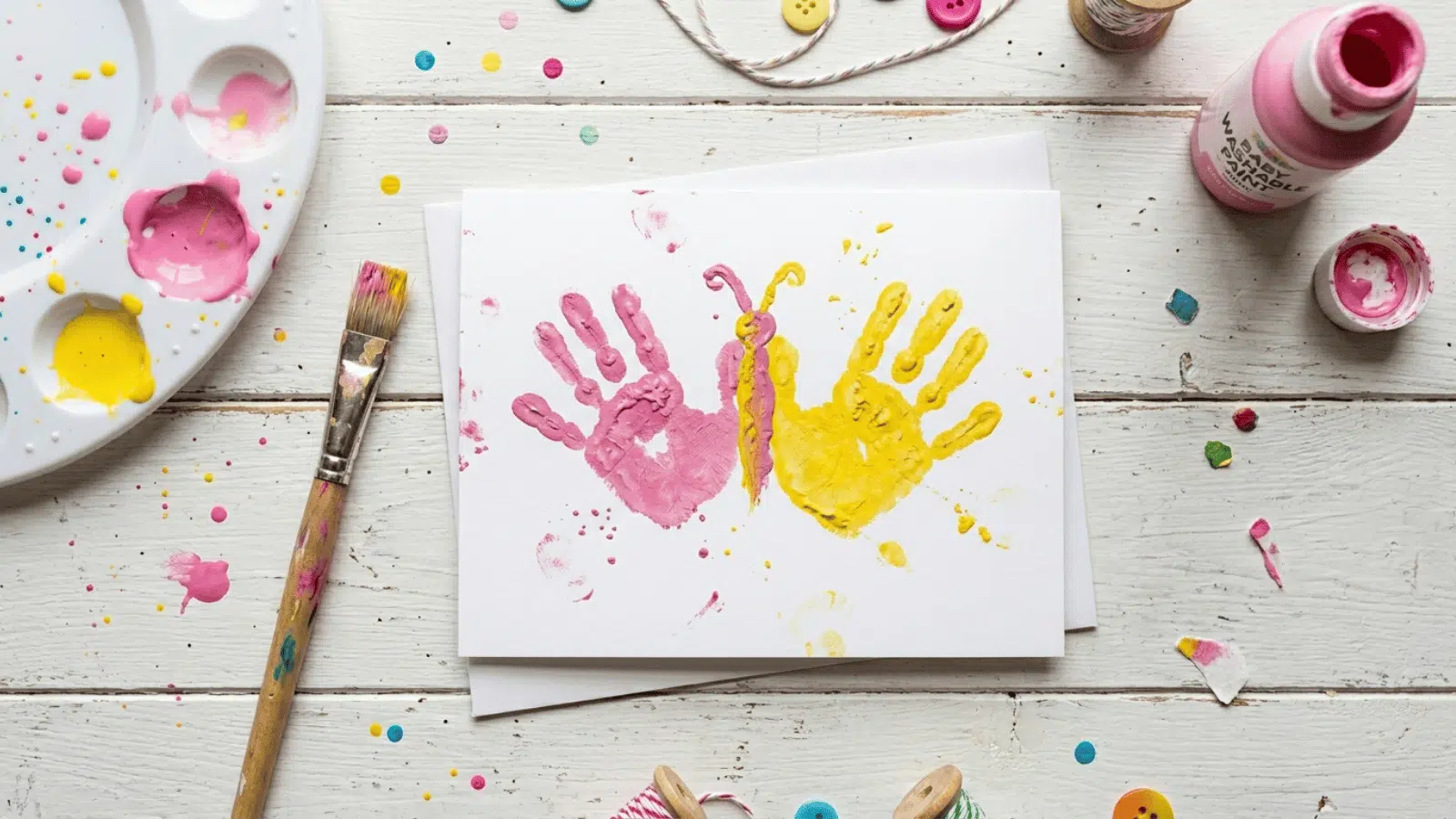 diy Mother’s Day card with colorful handprints and paint supplies on a white wooden table, perfect for kids’ craft ideas