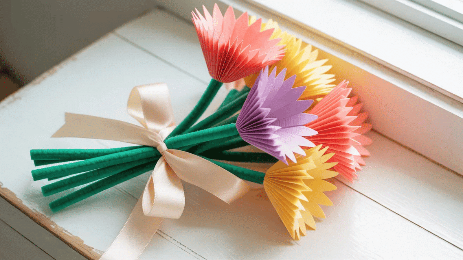 diy paper flower bouquet made with folded colorful paper and tied with ribbon, placed near a window in soft light