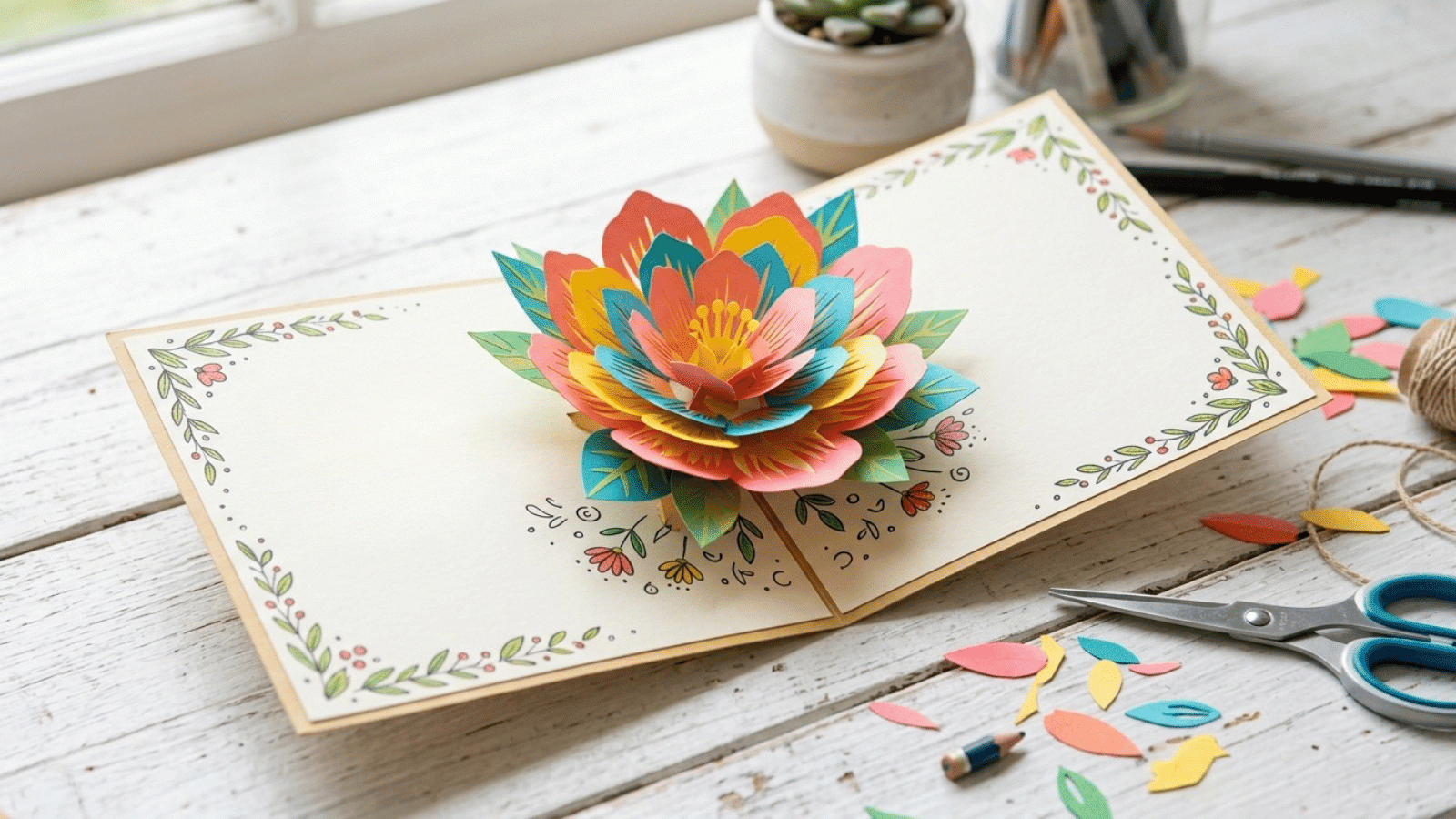 elegant pop-up flower greeting card with layered paper design, suitable for handmade gifting