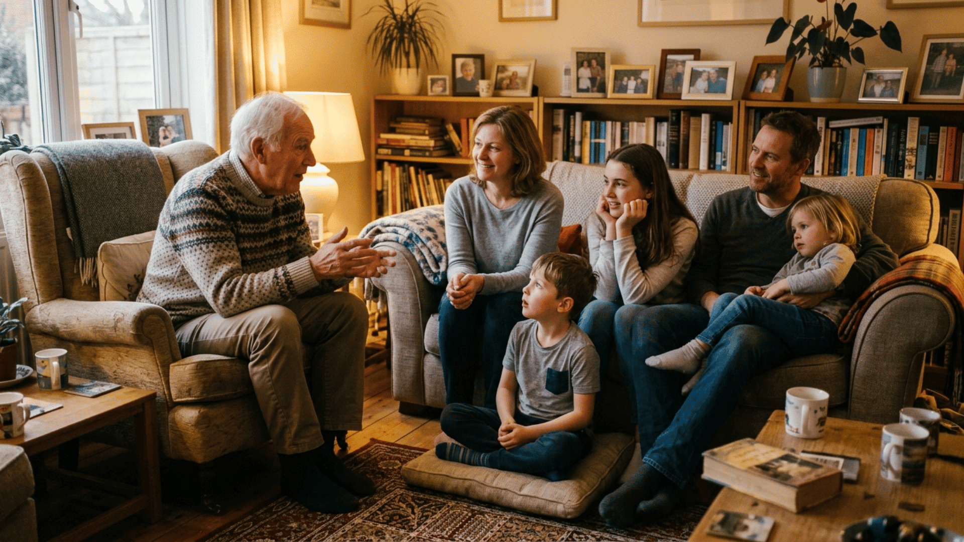 family gathered in a living room as an elder shares meaningful stories, keeping history alive on Memorial Day