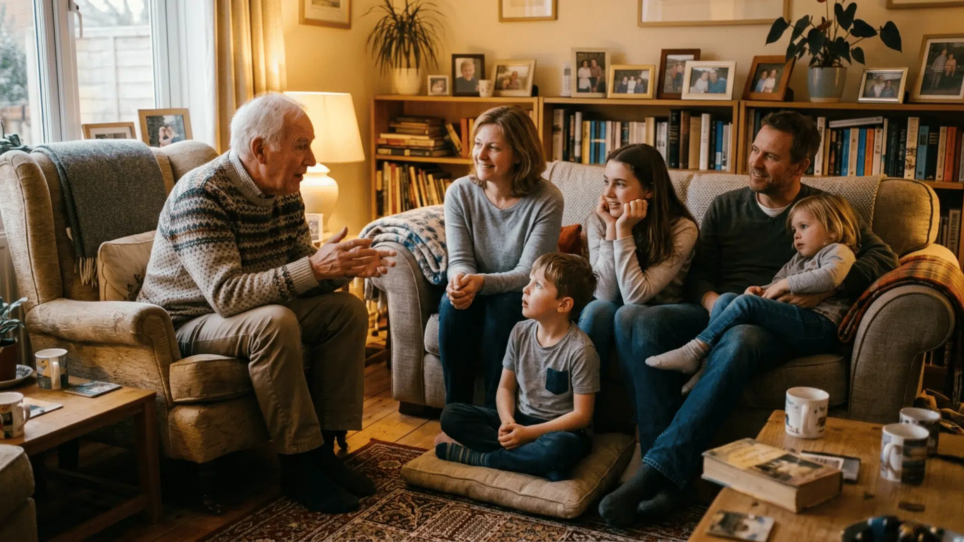 family gathered in a living room as an elder shares meaningful stories, keeping history alive on Memorial Day