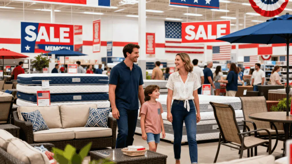 Family shopping Memorial Day sale in store with mattresses, patio furniture, and patriotic signs in red white blue decorations throughout