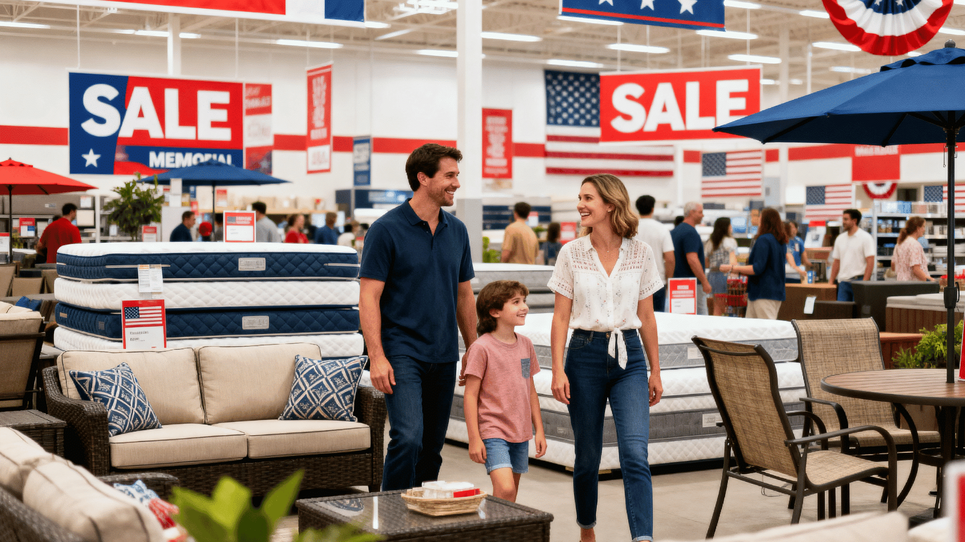 Family shopping Memorial Day sale in store with mattresses, patio furniture, and patriotic signs in red white blue decorations throughout