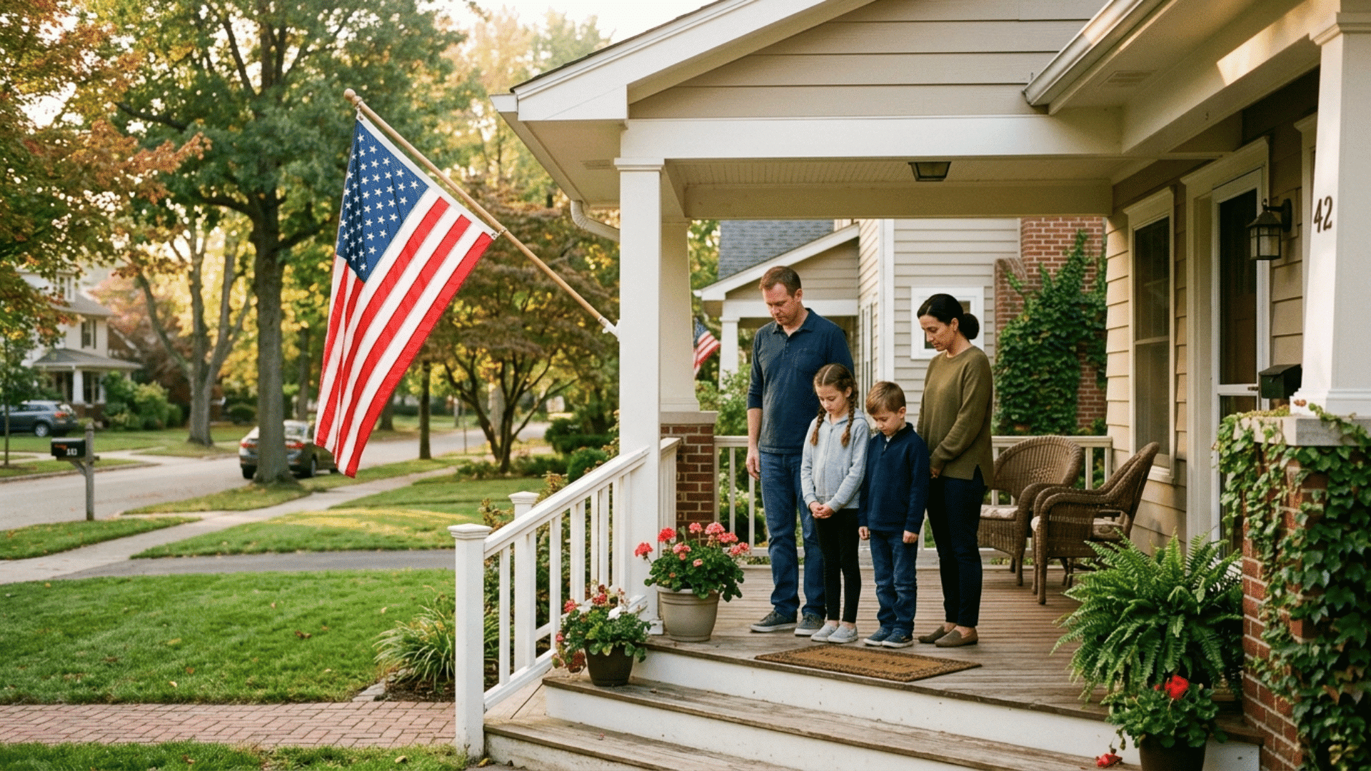 family standing quietly on a porch with an American flag, observing a moment of silence to honor Memorial Day at home