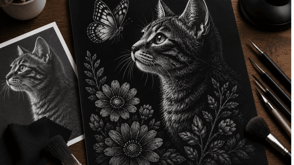 feature image showing beginner scratchboard art with a detailed cat illustration, butterfly, floral patterns, scratch tools, and bold title text on a wooden desk. (1)