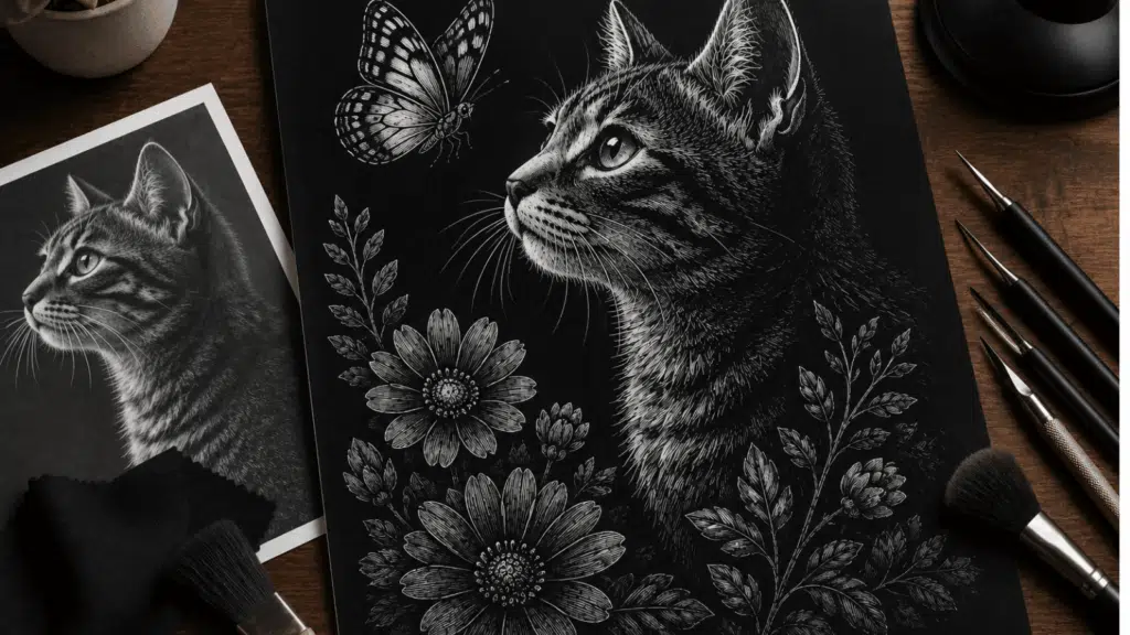 feature image showing beginner scratchboard art with a detailed cat illustration, butterfly, floral patterns, scratch tools, and bold title text on a wooden desk. (1)