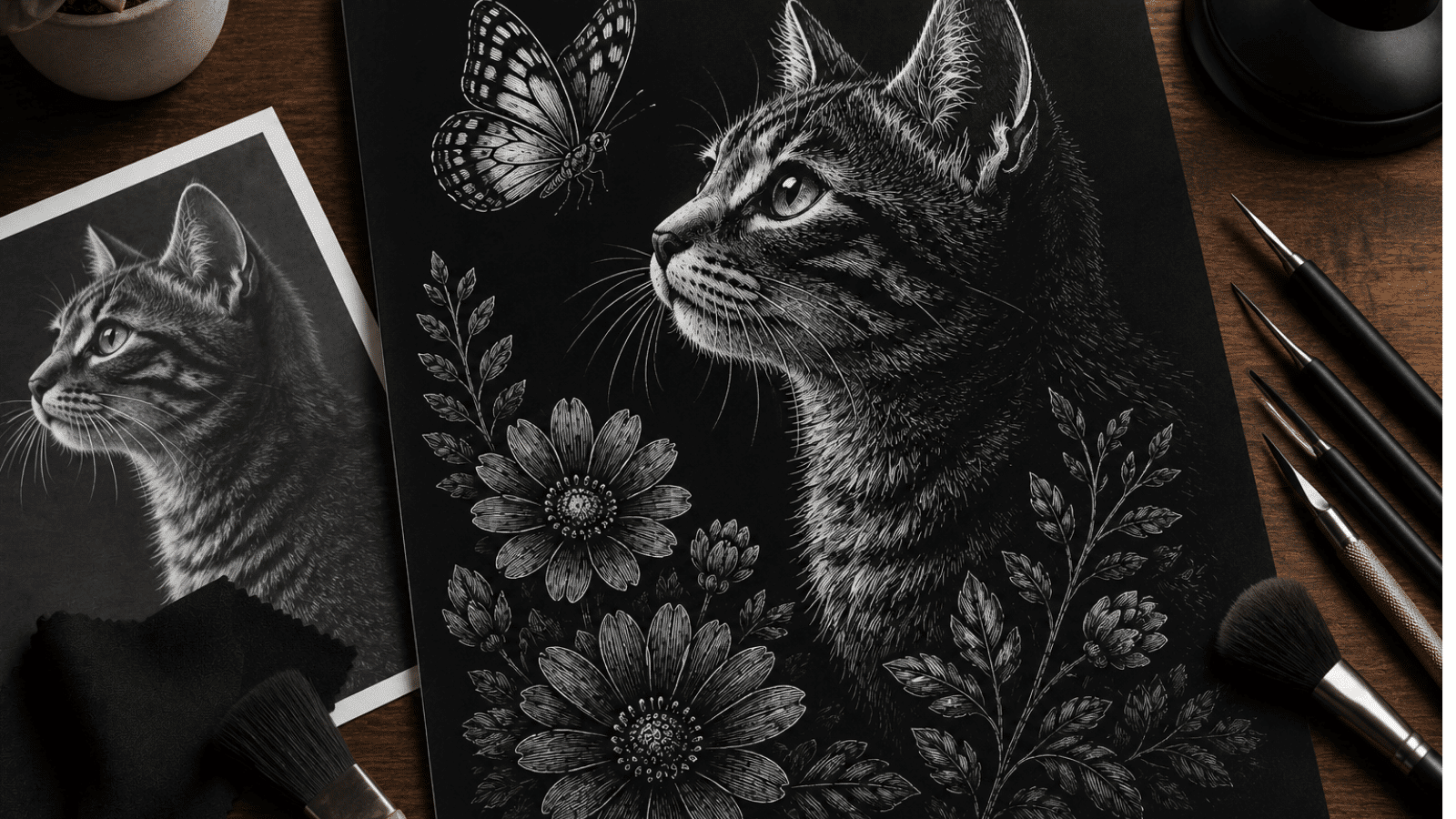 feature image showing beginner scratchboard art with a detailed cat illustration, butterfly, floral patterns, scratch tools, and bold title text on a wooden desk. (1)