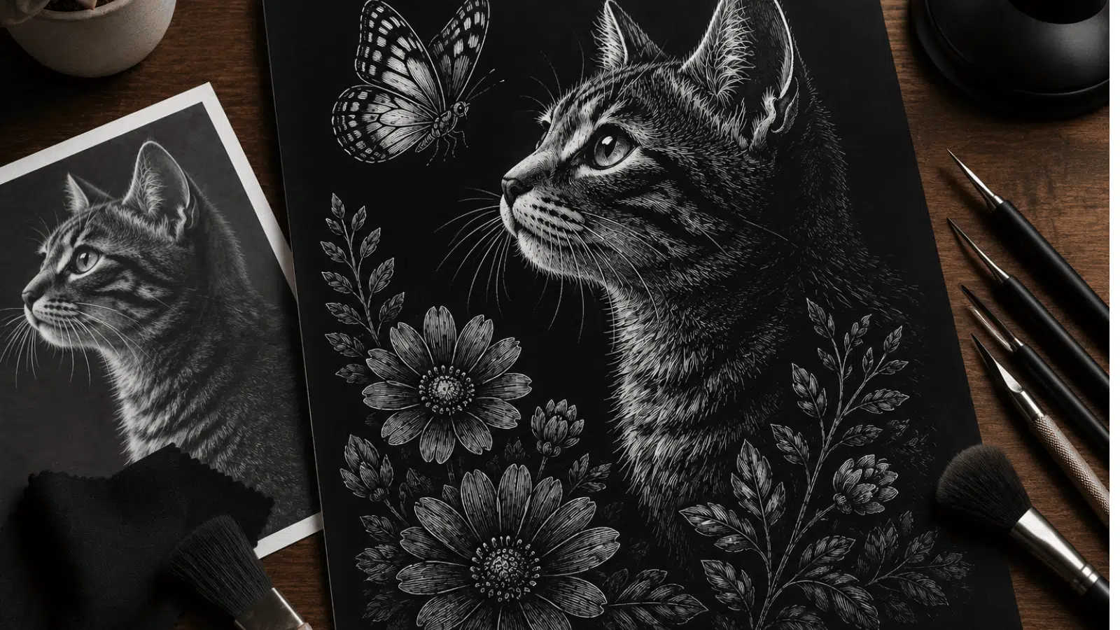 feature image showing beginner scratchboard art with a detailed cat illustration, butterfly, floral patterns, scratch tools, and bold title text on a wooden desk. (1)