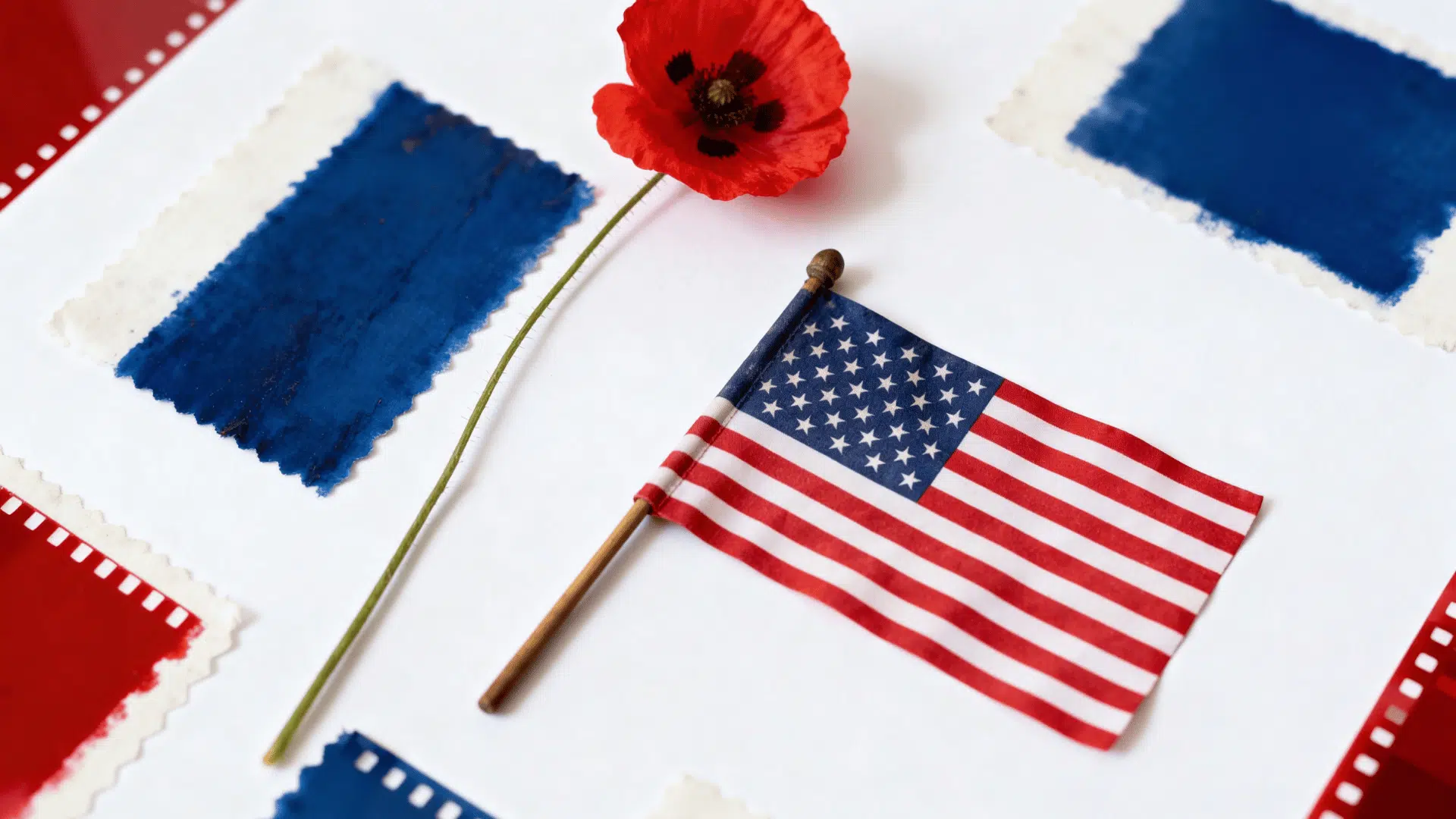 Flat lay of American flag and red poppy on white background with blue swatches, symbolizing Memorial Day colors and remembrance. (1)