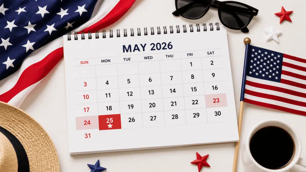 Flat lay of May 2026 calendar highlighting Memorial Day weekend with American flag, sunglasses, coffee, and summer items on white background