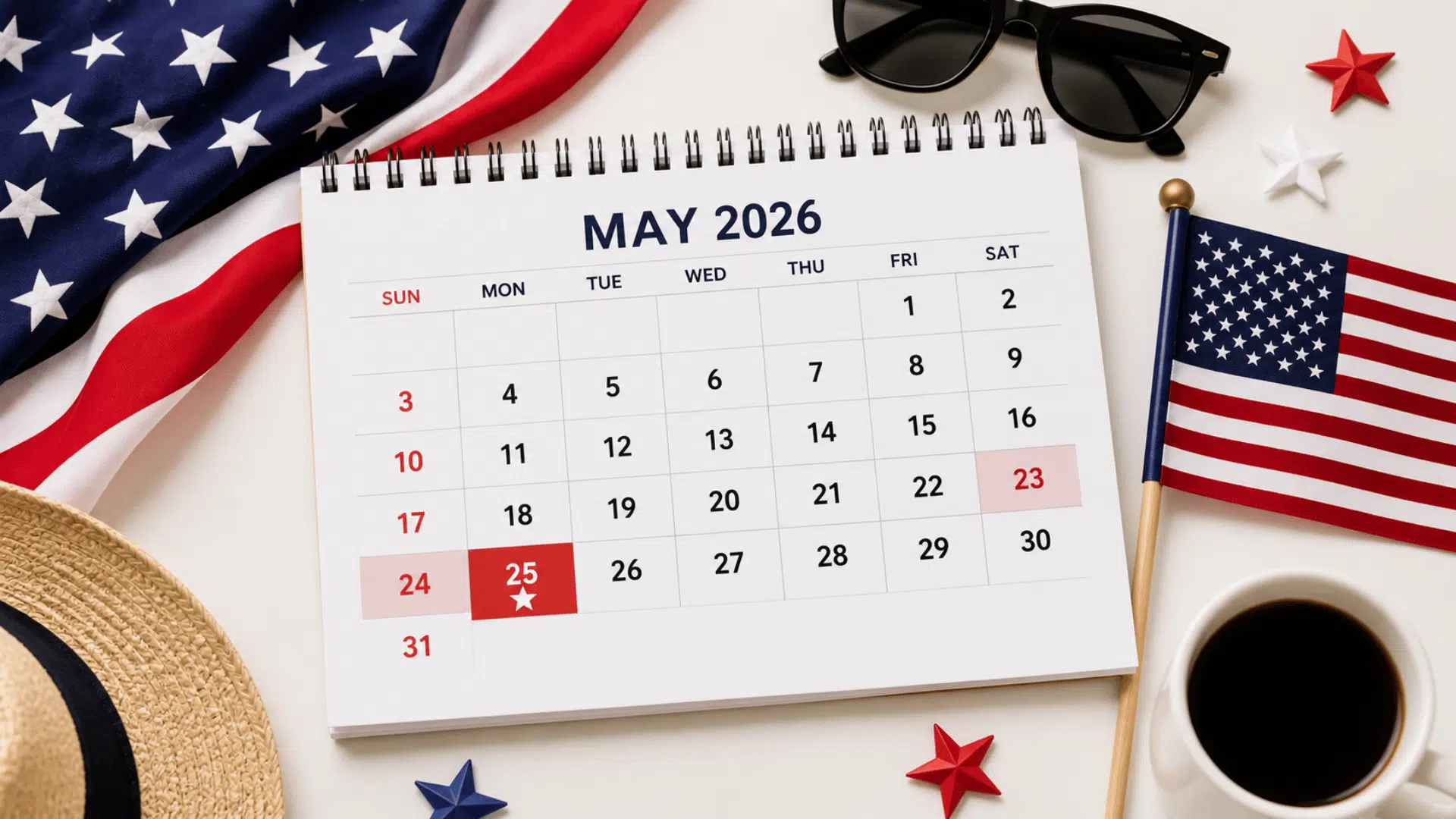 Flat lay of May 2026 calendar highlighting Memorial Day weekend with American flag, sunglasses, coffee, and summer items on white background