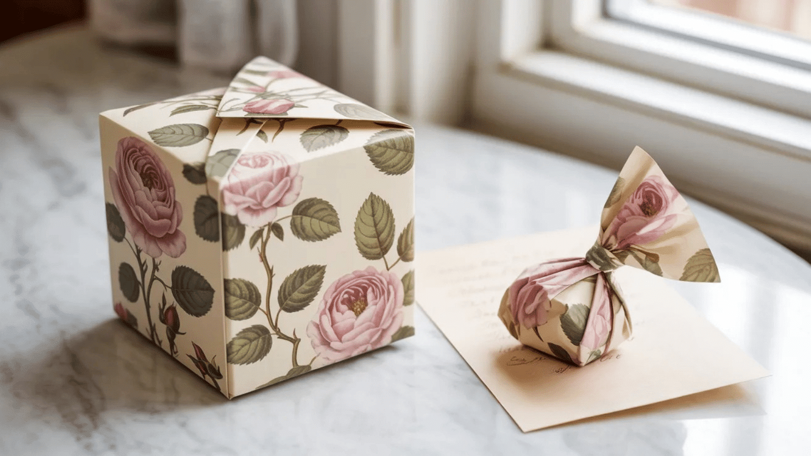 floral gift wrapping paper box and matching wrapped item with rose patterns, styled for a thoughtful Mother’s Day gift