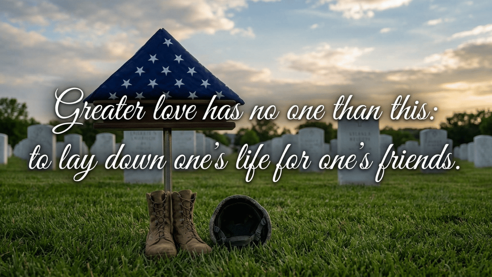 folded American flag with boots and helmet in cemetery, featuring quote about sacrifice and love for fallen soldiers at sunset