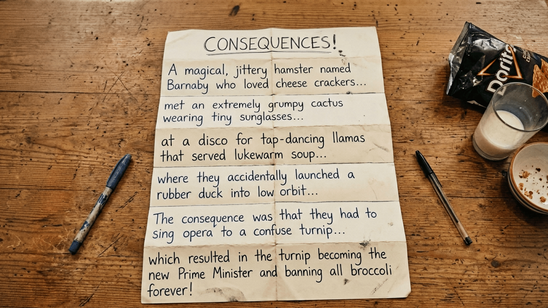 Folded paper Consequences game with a funny nonsensical handwritten story on a wooden table.