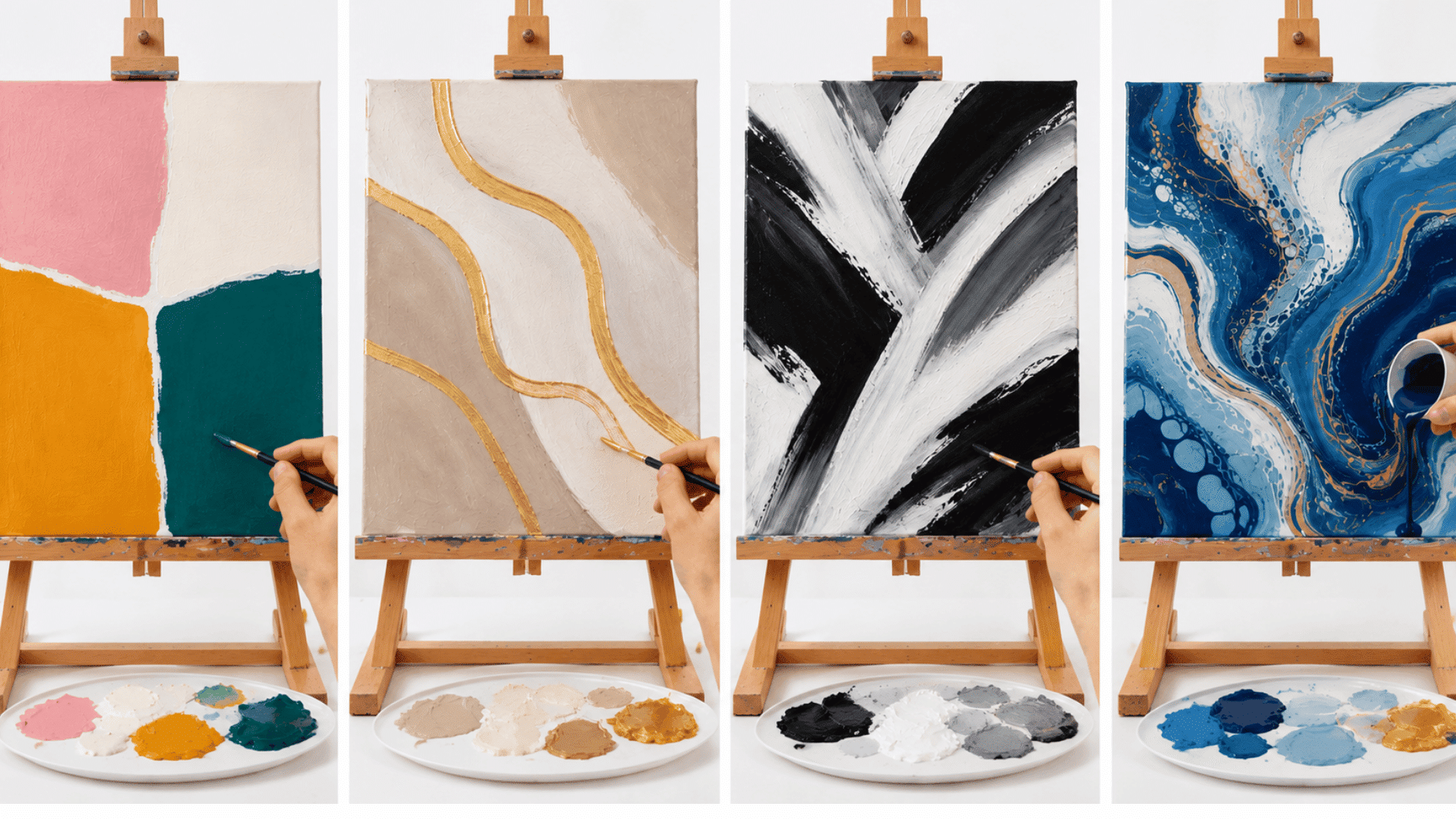 Four abstract paintings on easels featuring color blocks, gold lines, brush strokes, and acrylic pour art in a studio.